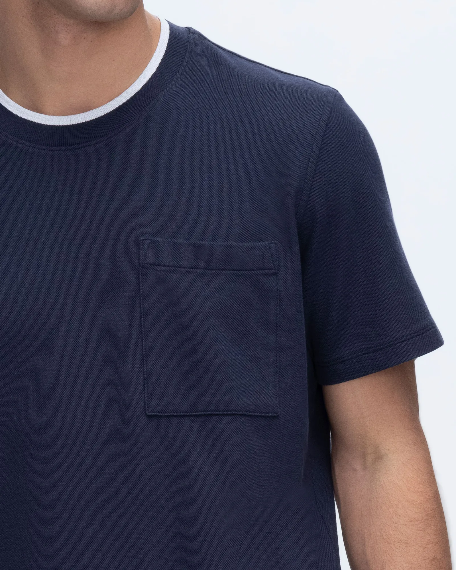 Pique Short Sleeve Crew Neck Pocket Tee with Tipping - Navy-White versatile piece