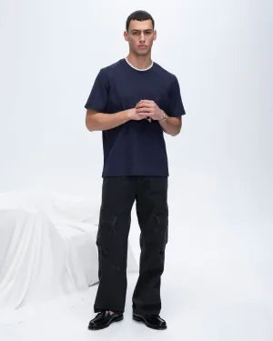 Pique Short Sleeve Crew Neck Pocket Tee with Tipping - Navy-White feel light
