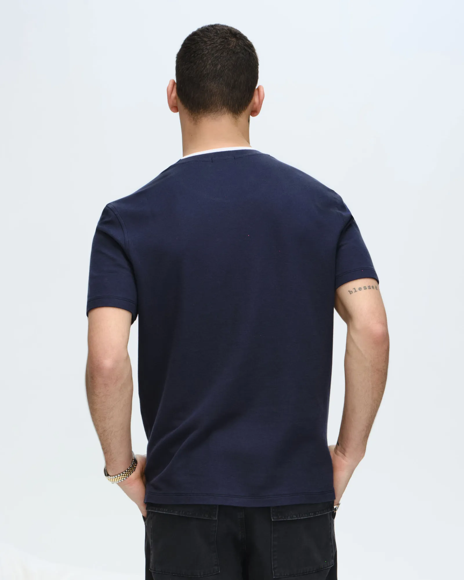 Pique Short Sleeve Crew Neck Pocket Tee with Tipping - Navy-White social vibe