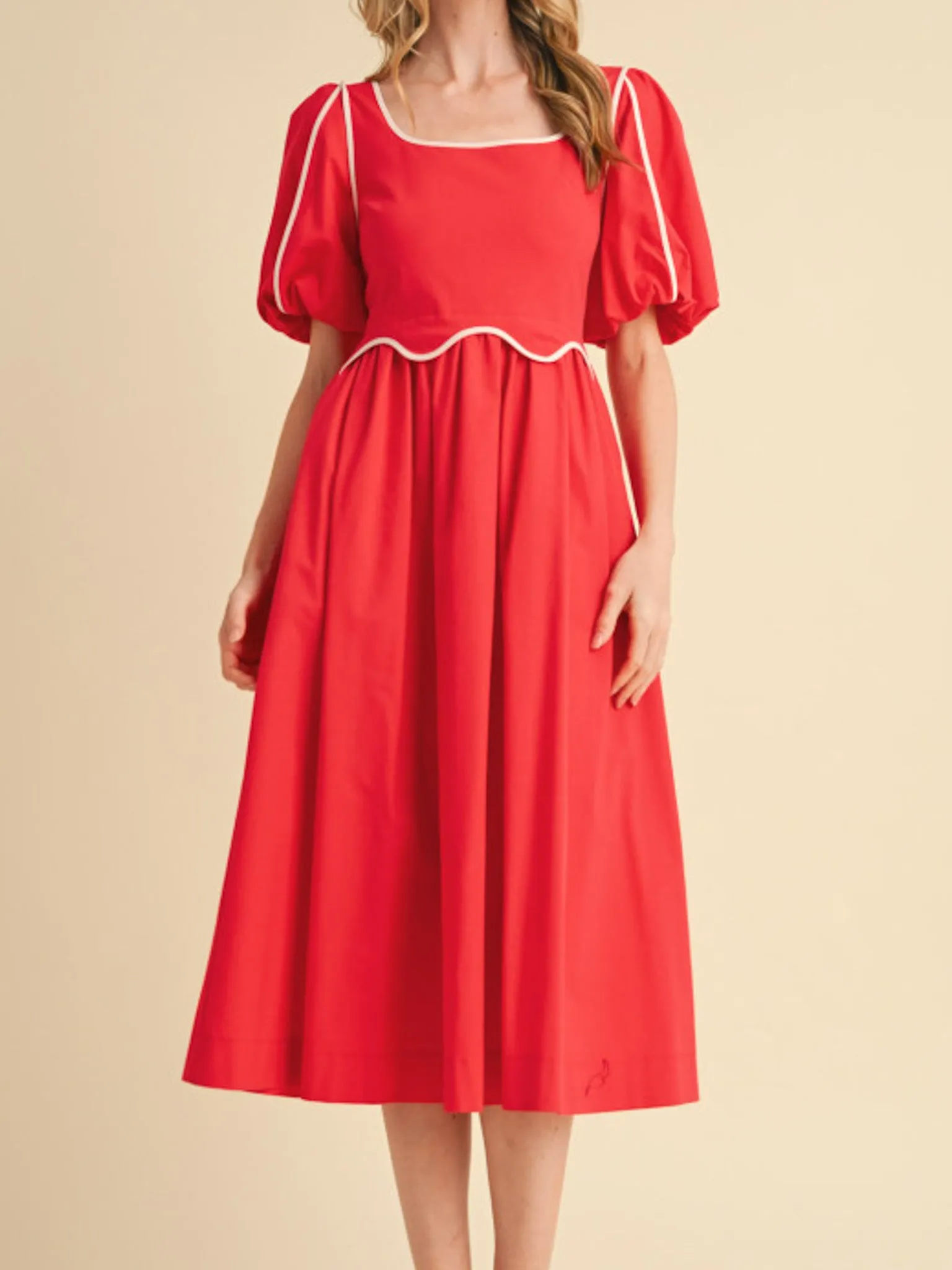 Red Scallop Midi Dress warm hug