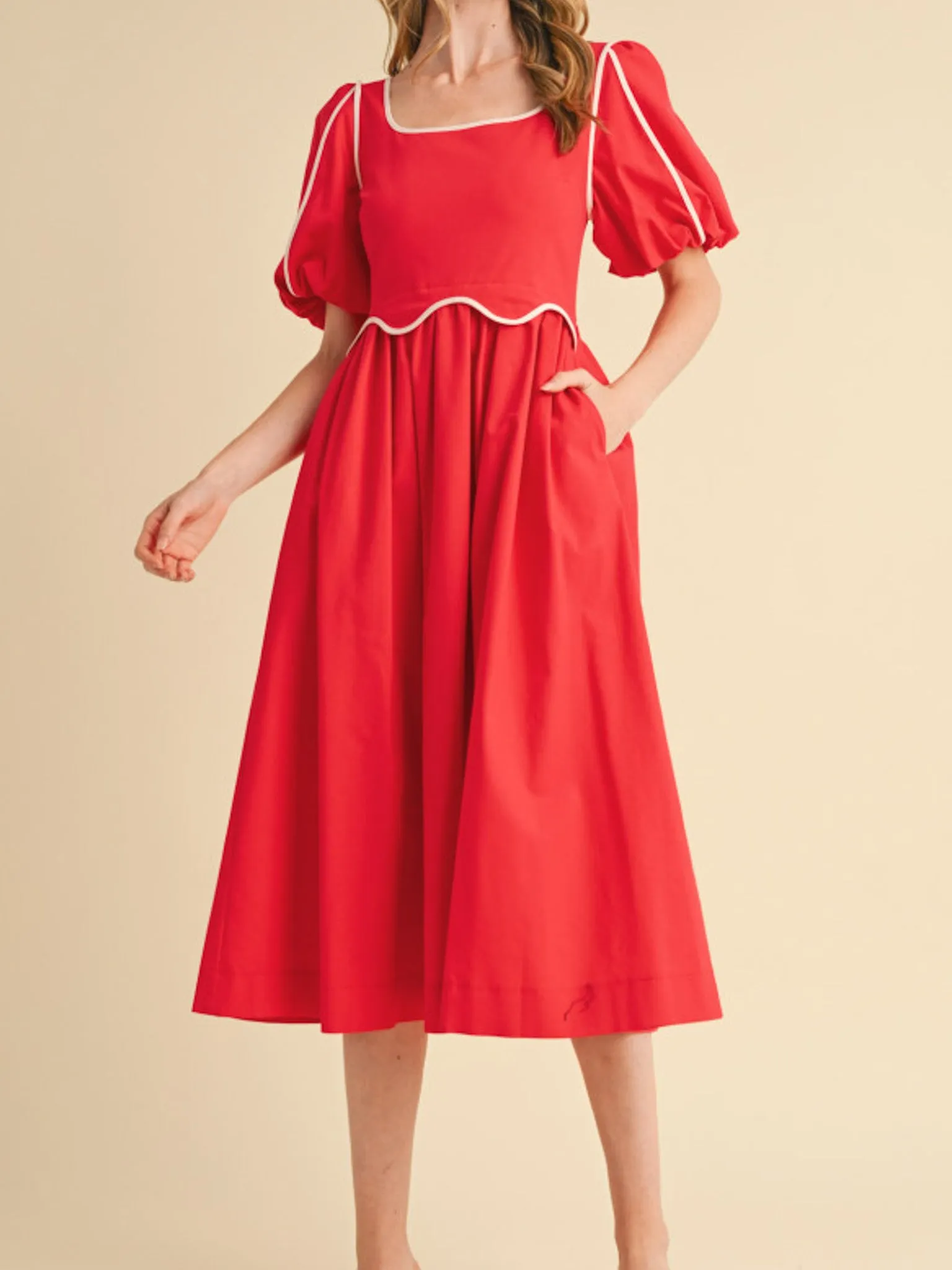 Red Scallop Midi Dress coastal look