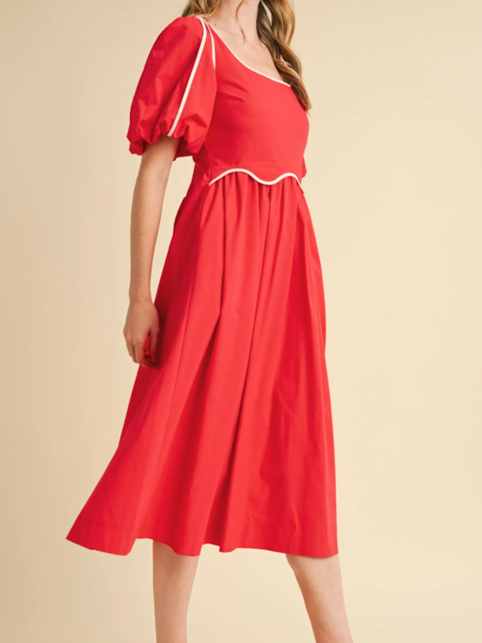Red Scallop Midi Dress downtown chic