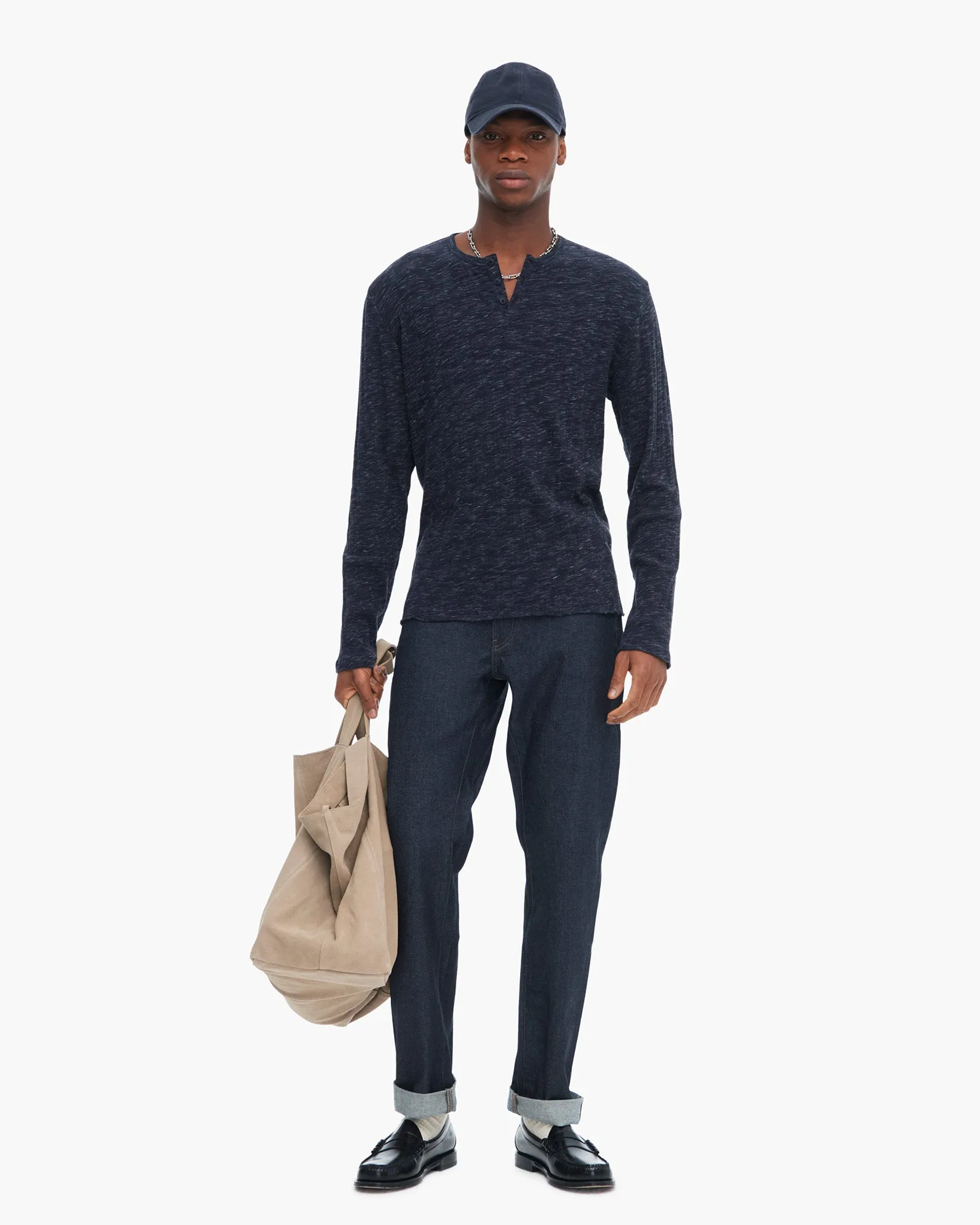 Rib Long Sleeve Destroyed Henley - Dark Navy laidback mood