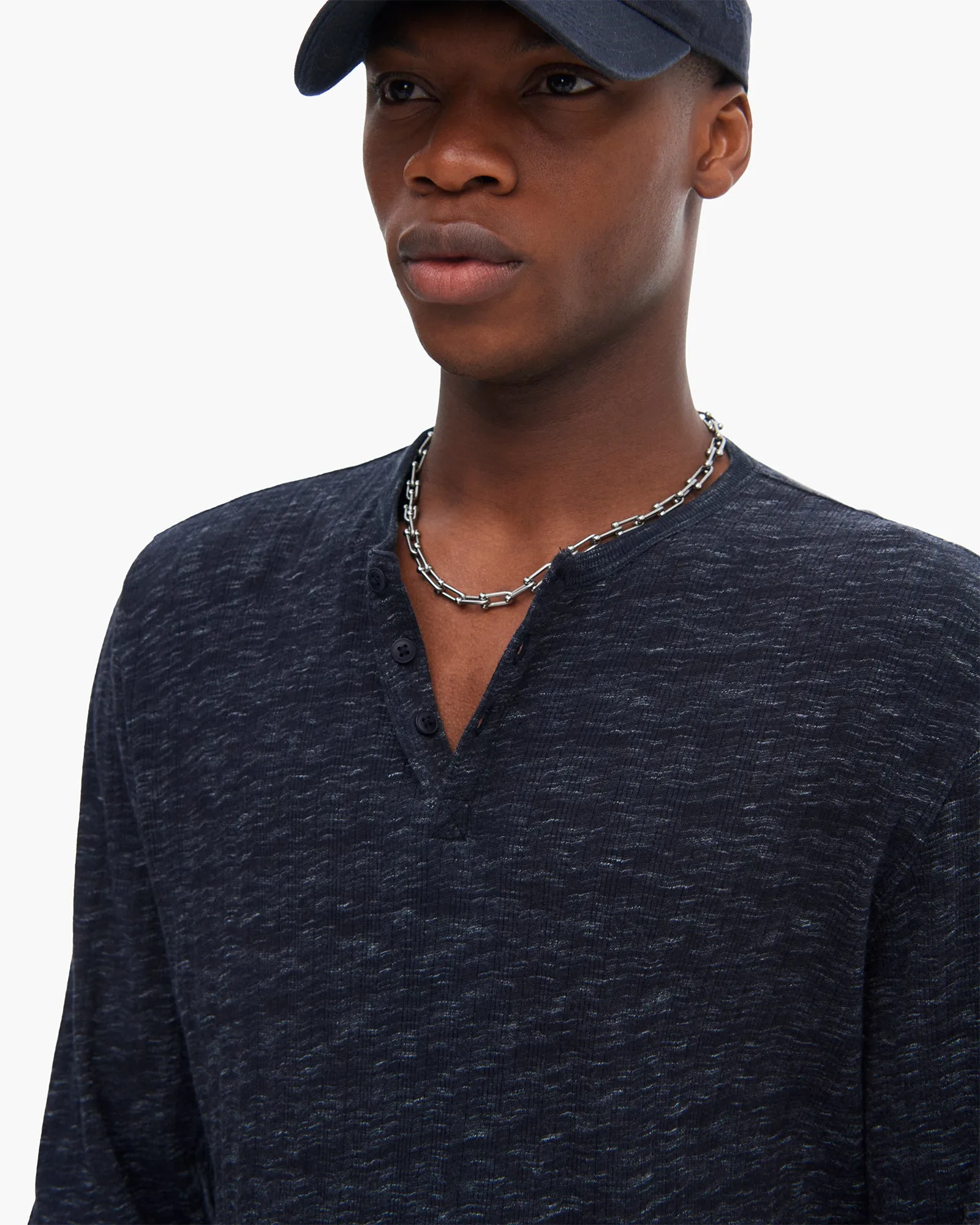 Rib Long Sleeve Destroyed Henley - Dark Navy midseason pick