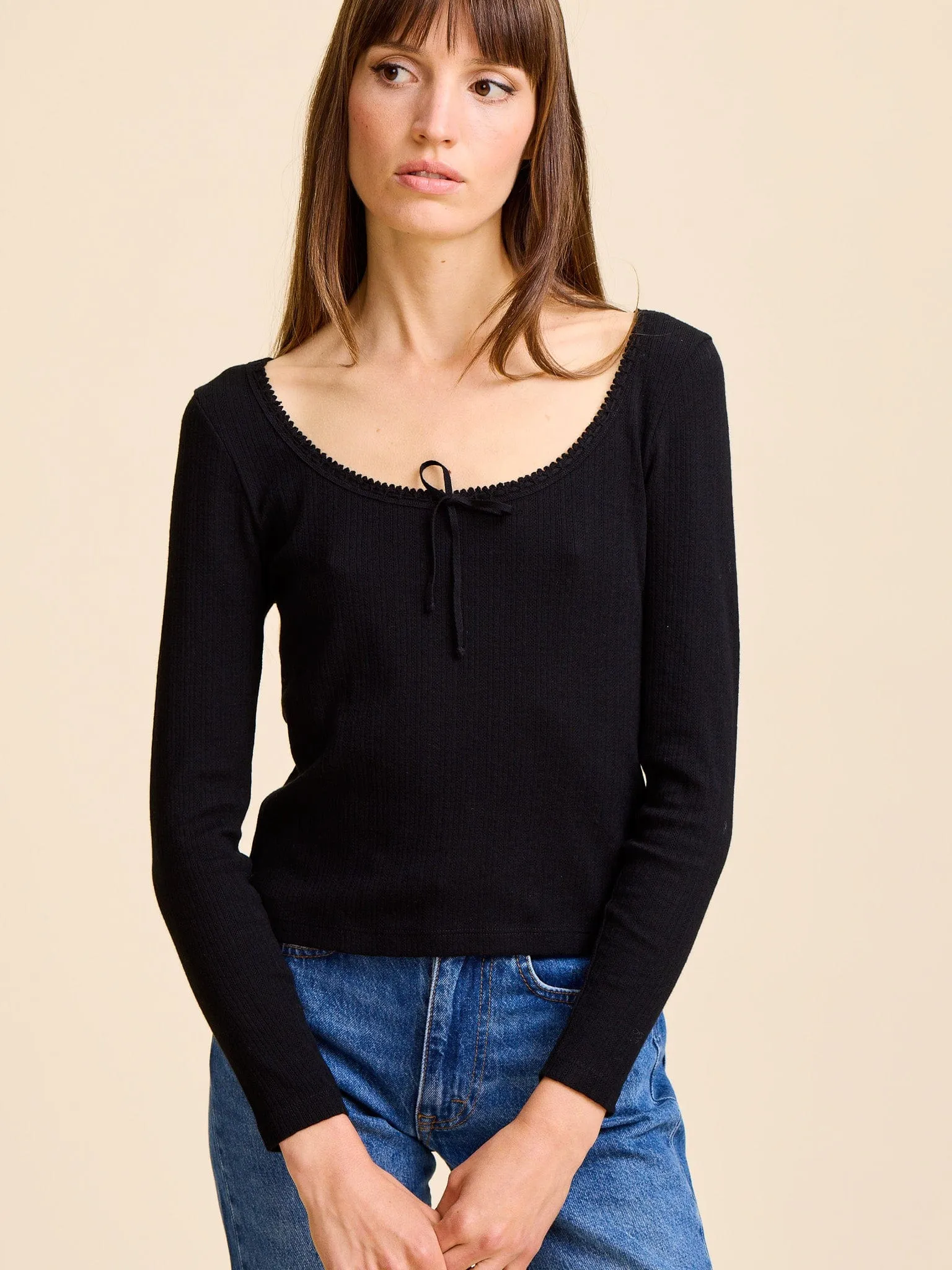 Sally Pointelle Tee in Black Neat Fit