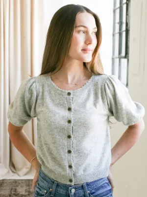Scallop Puff Sleeve Cardigan- Gray Everyday Fit