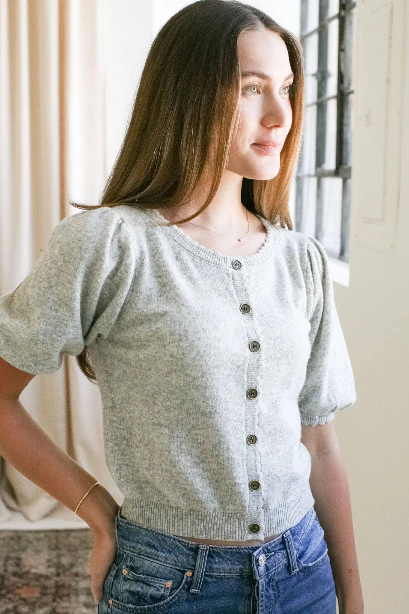 Scallop Puff Sleeve Cardigan- Gray Style Calm