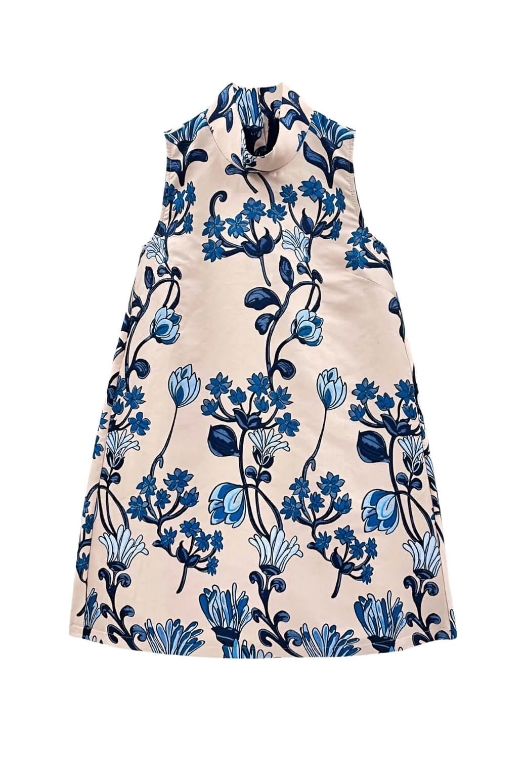 Sleeveless Mod Dress - Blue Floral Jacquard trendy wear