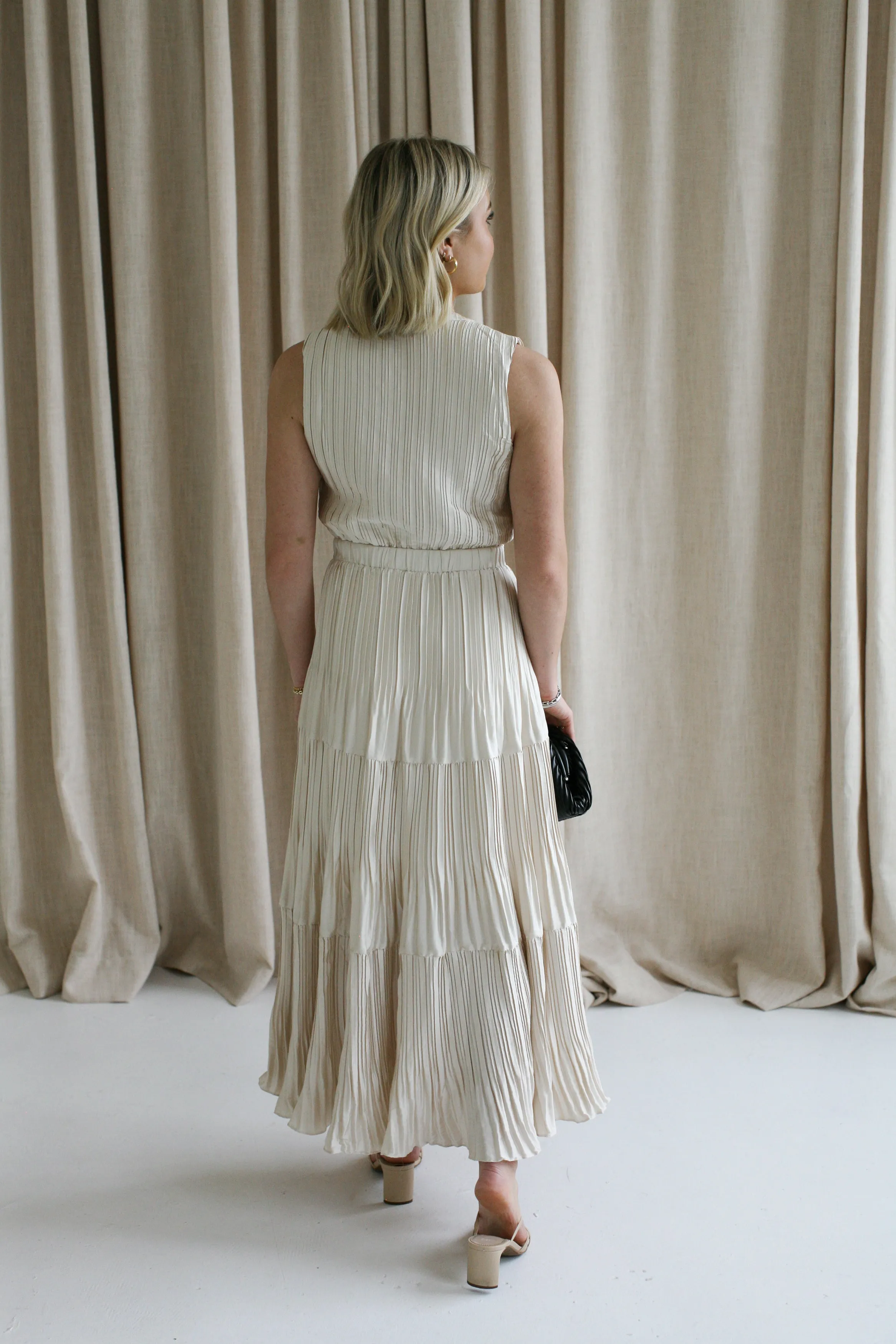 Sleeveless Taupe Pleat Dress feminine feel