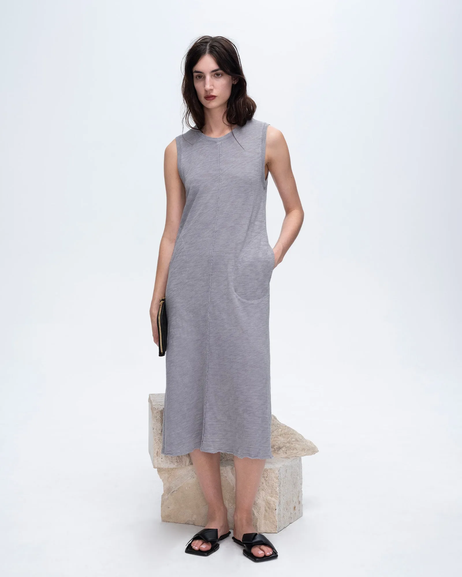 Slub Jersey Chroma Wash Sleeveless Crew Neck Midi Dress - Shark glowy tone