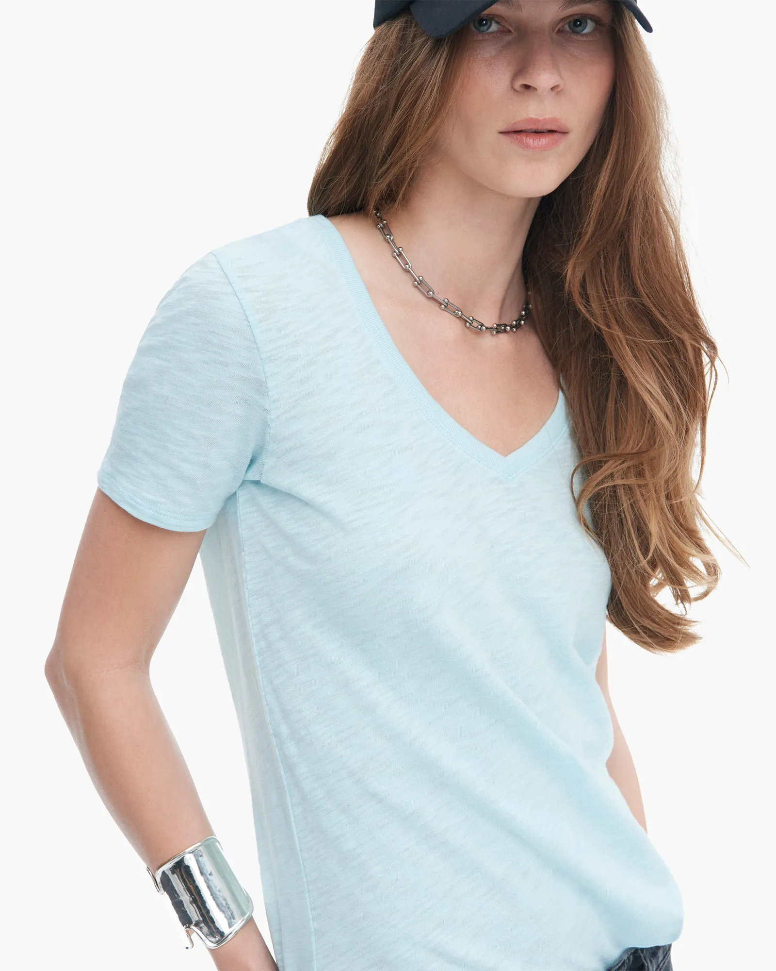 Slub Jersey Classic Short Sleeve V-Neck Tee - Ocean Blue slim cut
