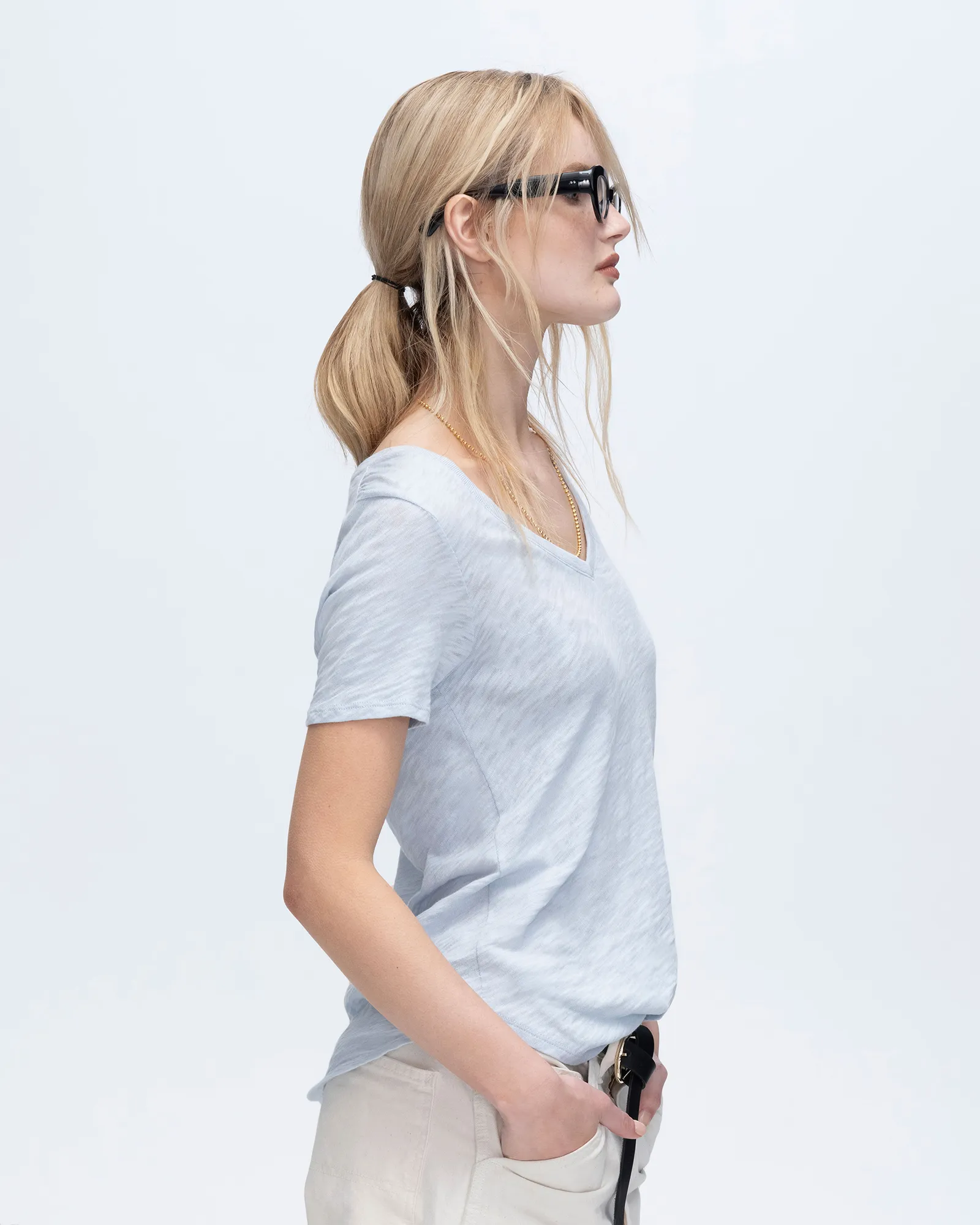 Slub Jersey Classic Short Sleeve V-Neck Tee - Powder Blue feel free