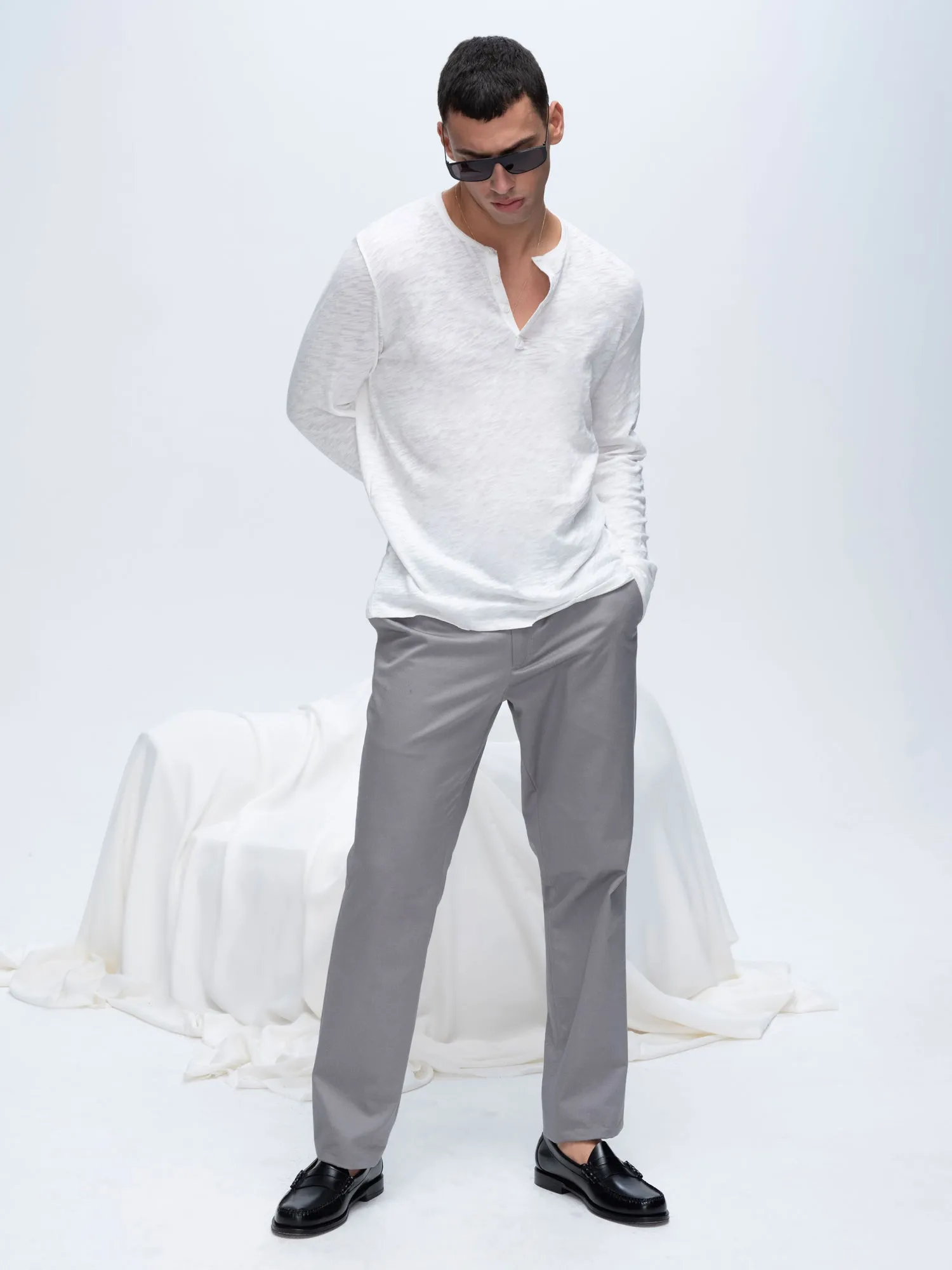 Slub Jersey Destroyed Wash Henley - White fluid form