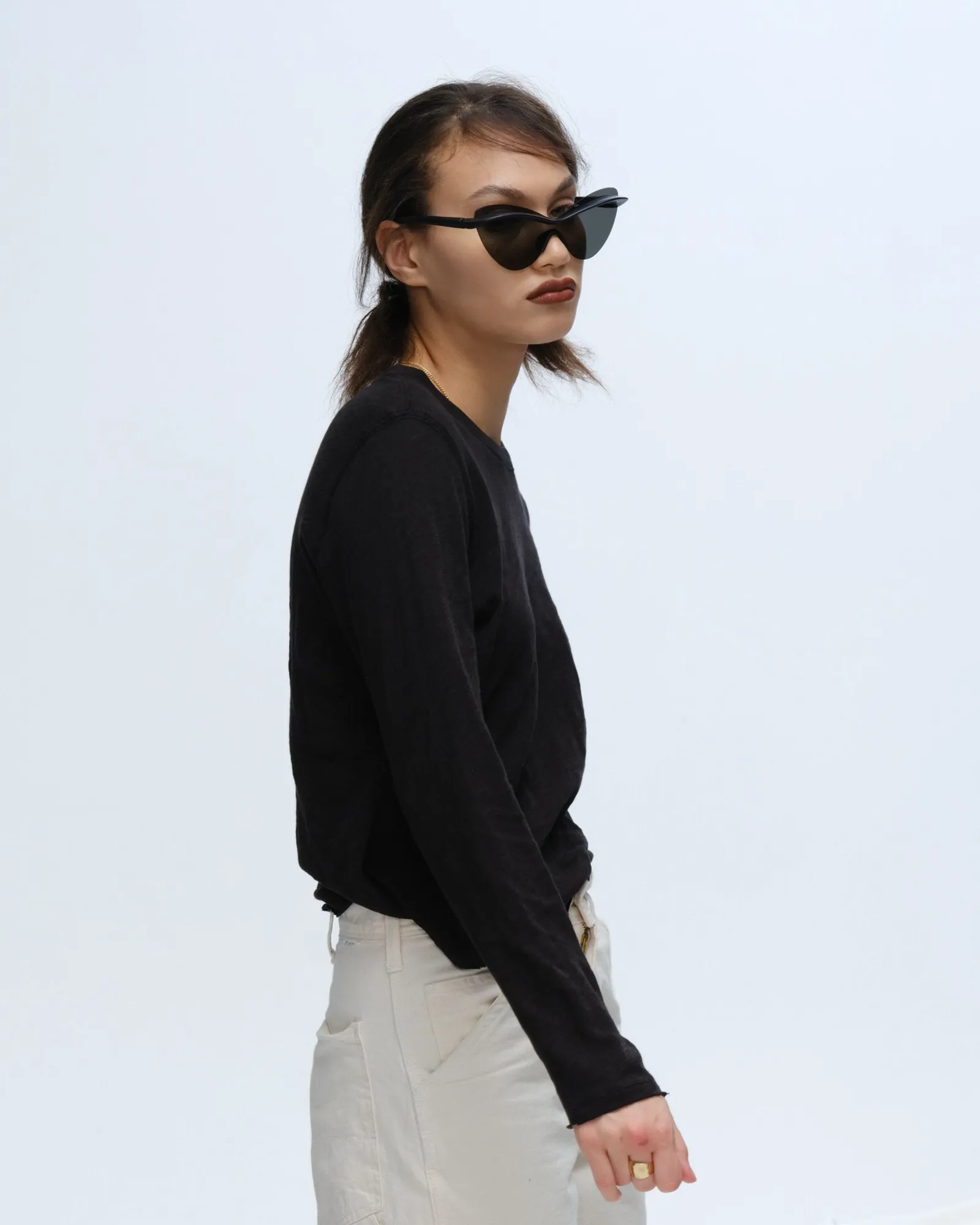 Slub Jersey Long Sleeve Destroyed Wash Crop Tee - Black cool tone