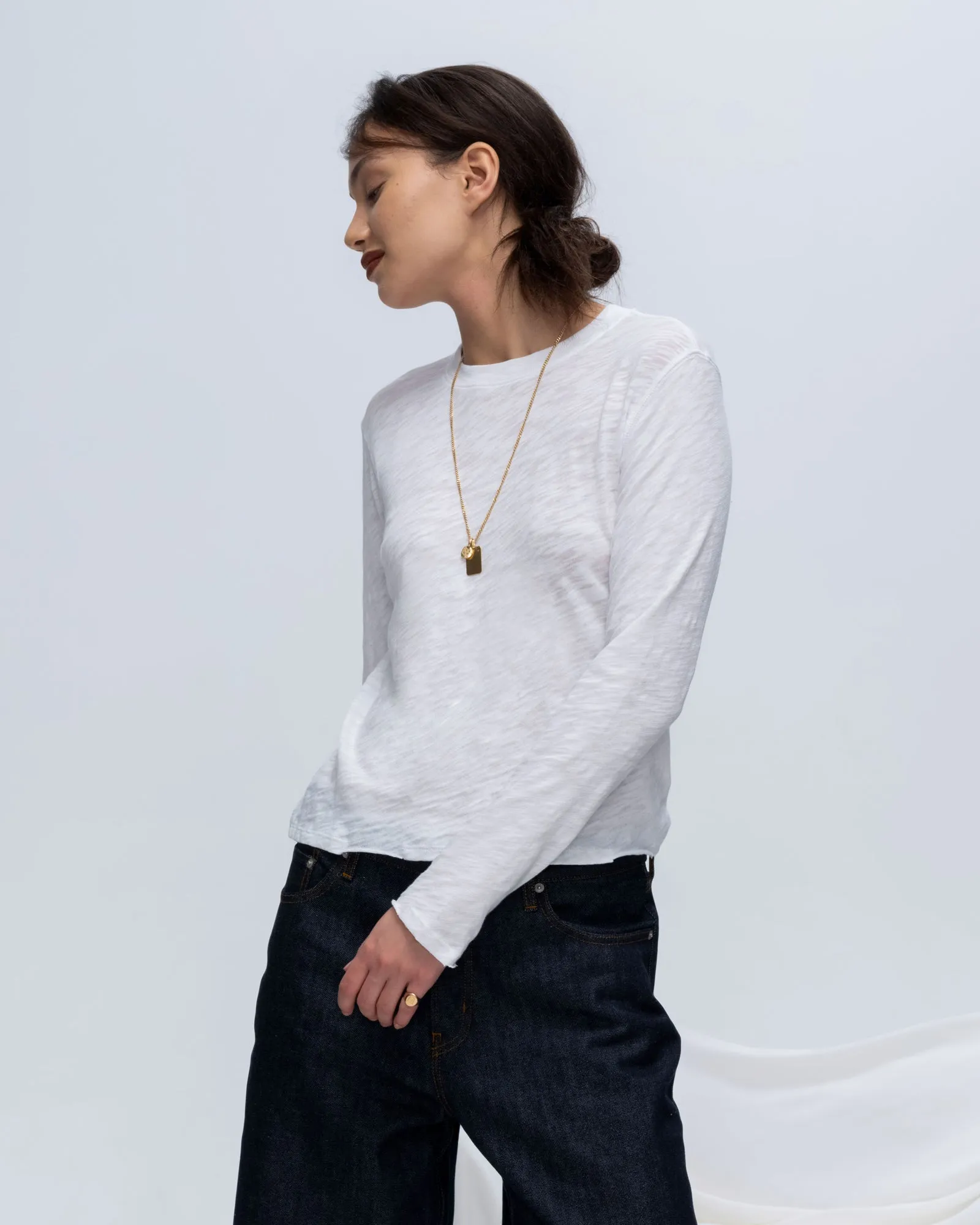 Slub Jersey Long Sleeve Destroyed Wash Crop Tee - White urban tone