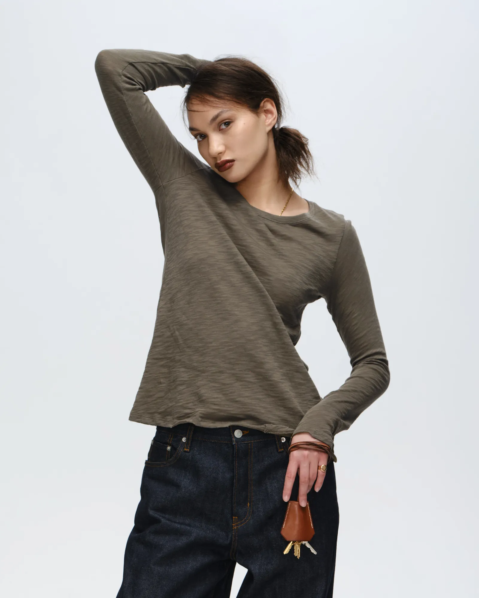 Slub Jersey Long Sleeve Destroyed Wash Tee - Army chill core