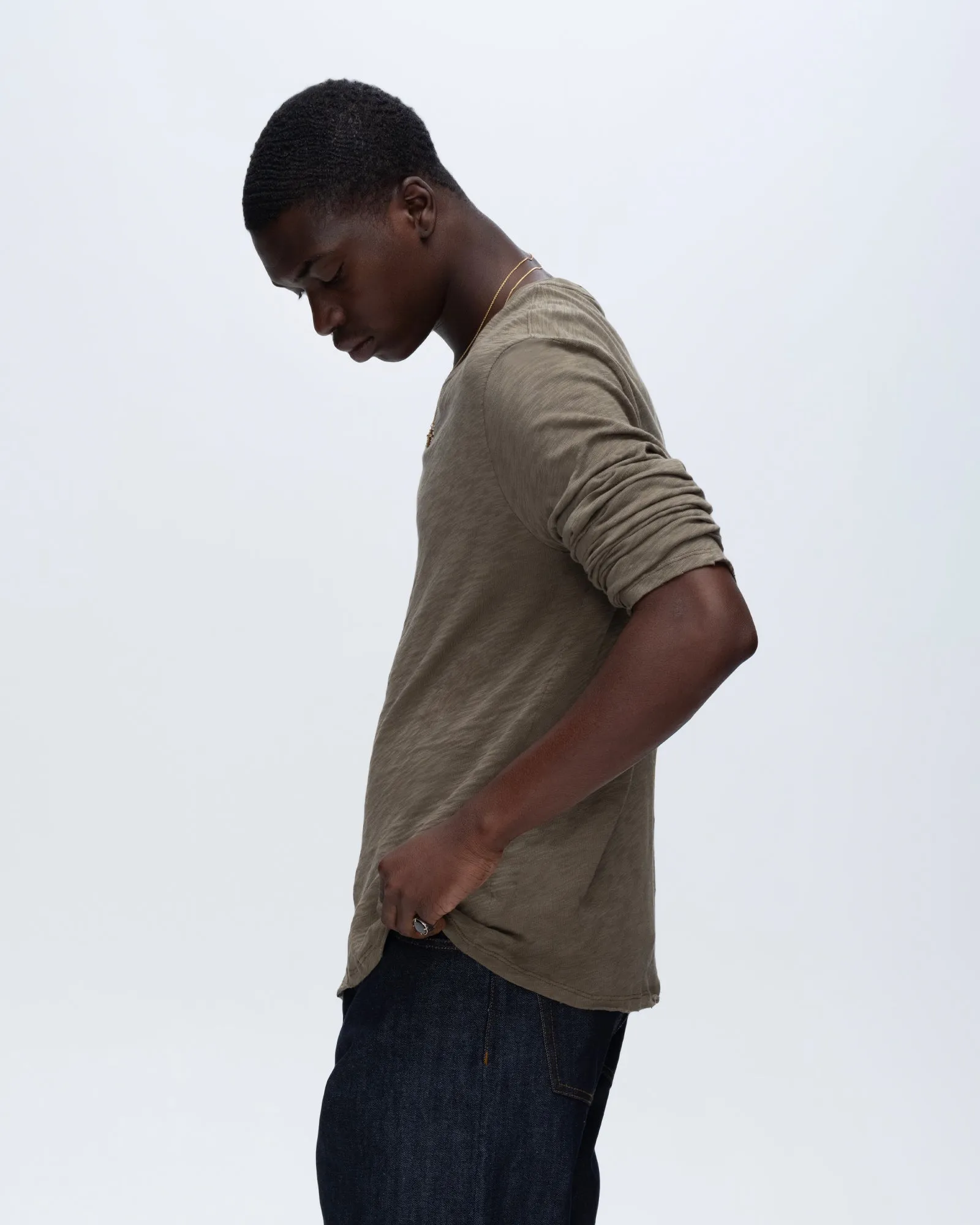 Slub Jersey Long Sleeve Destroyed Wash Tee - Army feel good