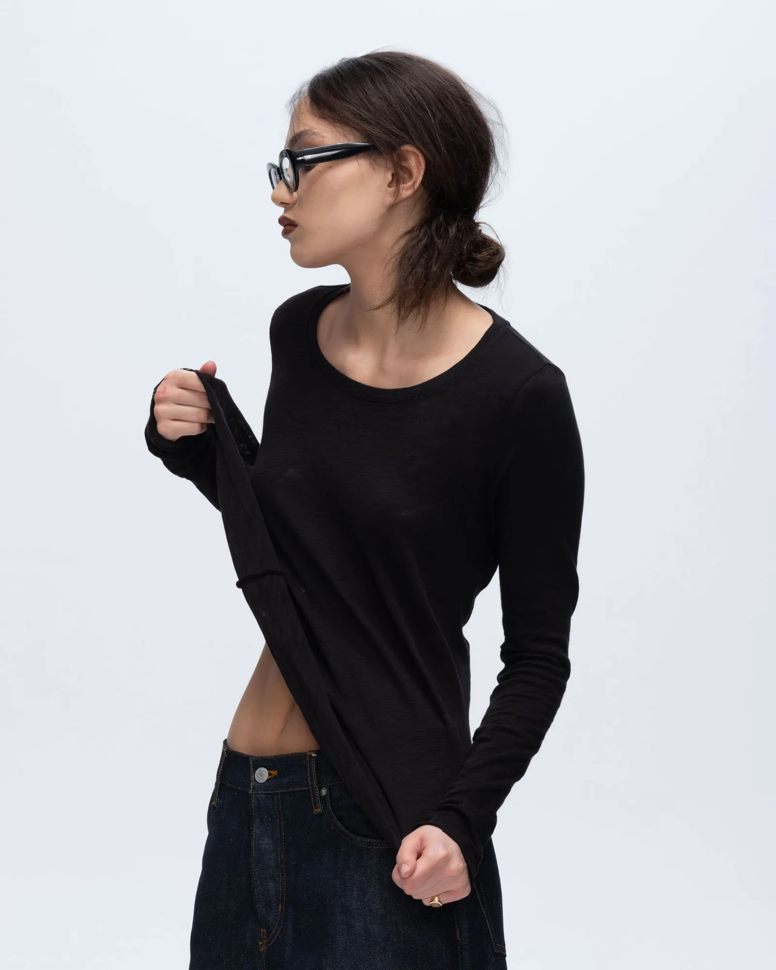 Slub Jersey Long Sleeve Destroyed Wash Tee - Black smart casual