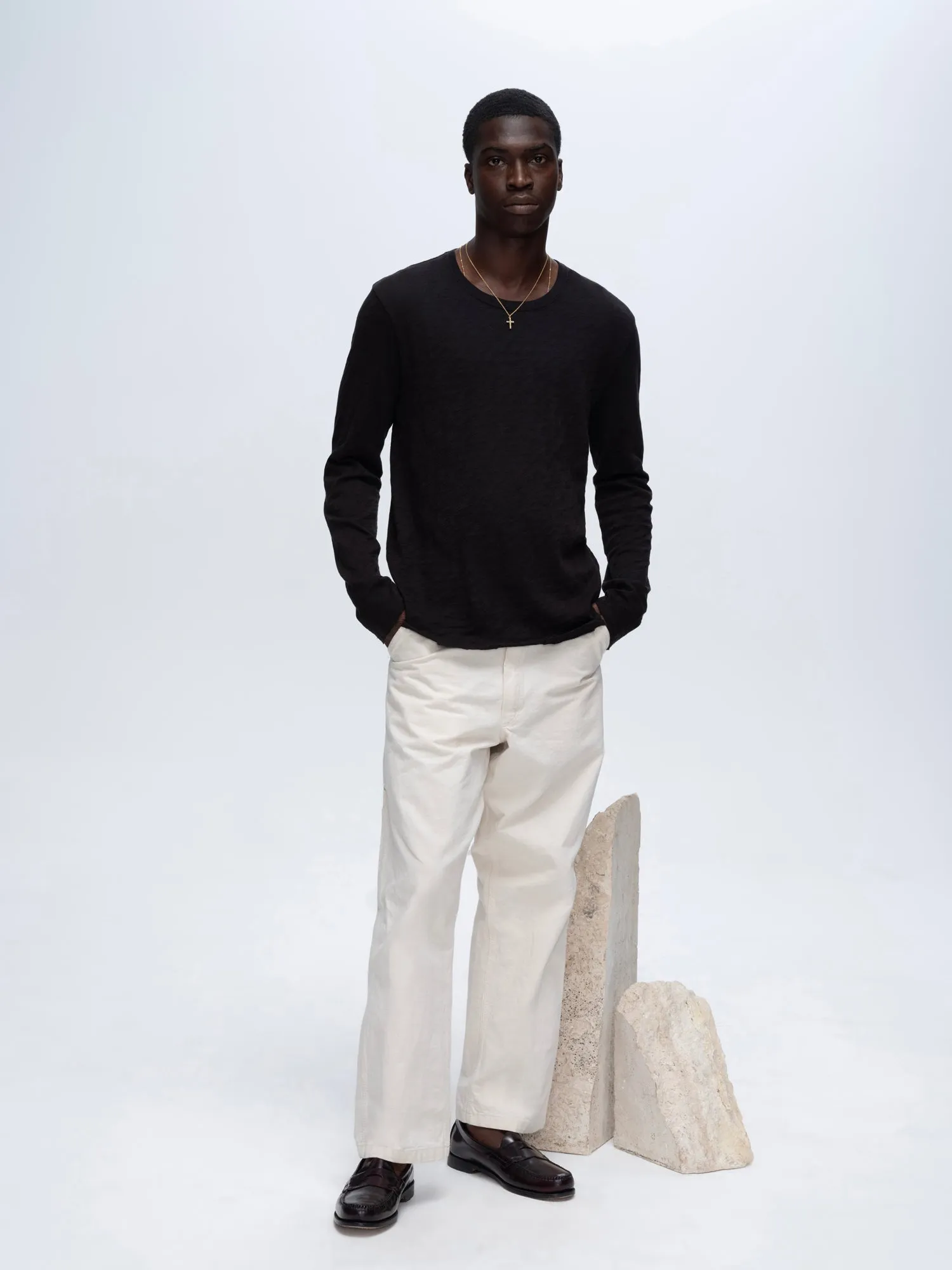 Slub Jersey Long Sleeve Destroyed Wash Tee - Black lightweight feel