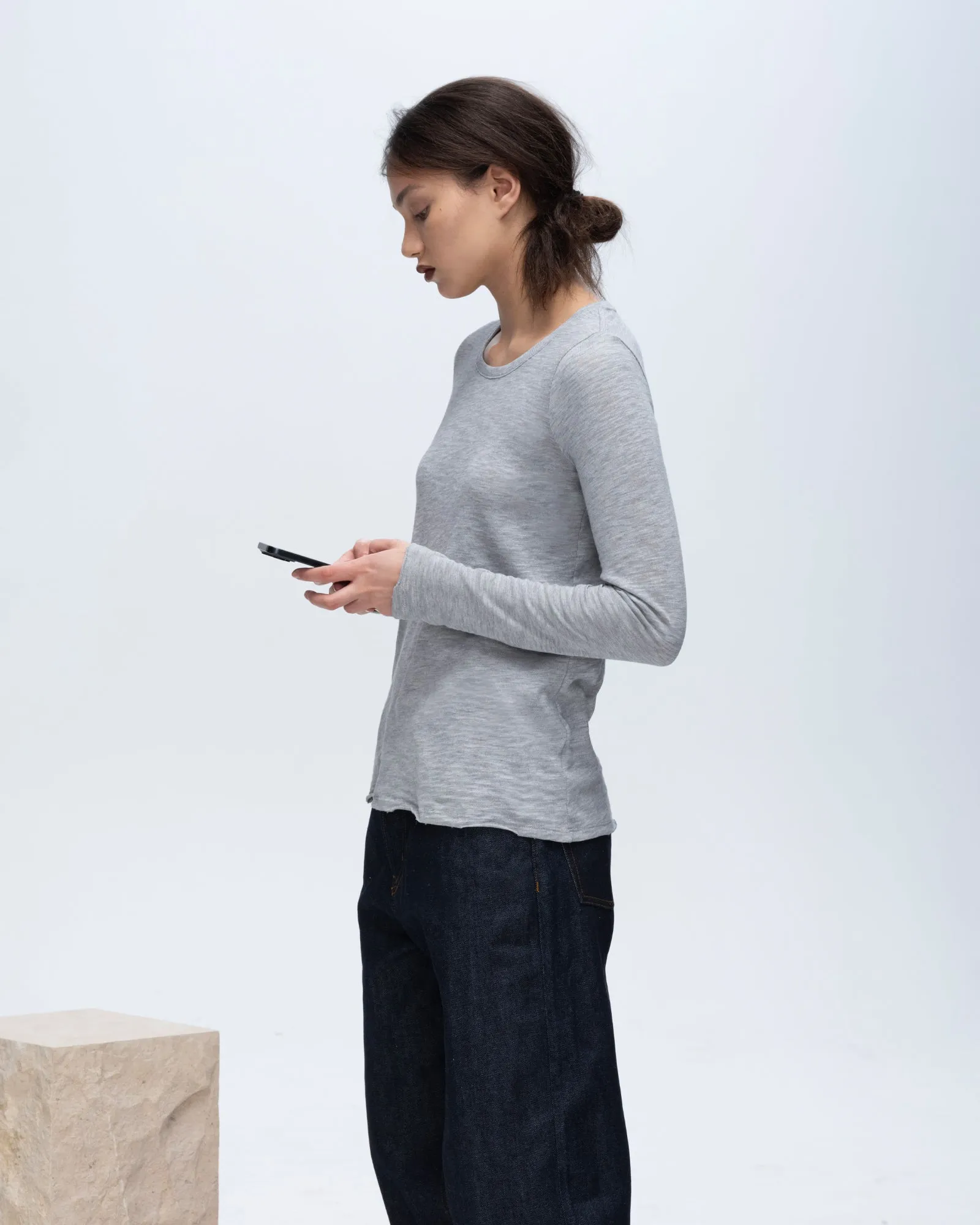 Slub Jersey Long Sleeve Destroyed Wash Tee - Heather Grey comfort boost