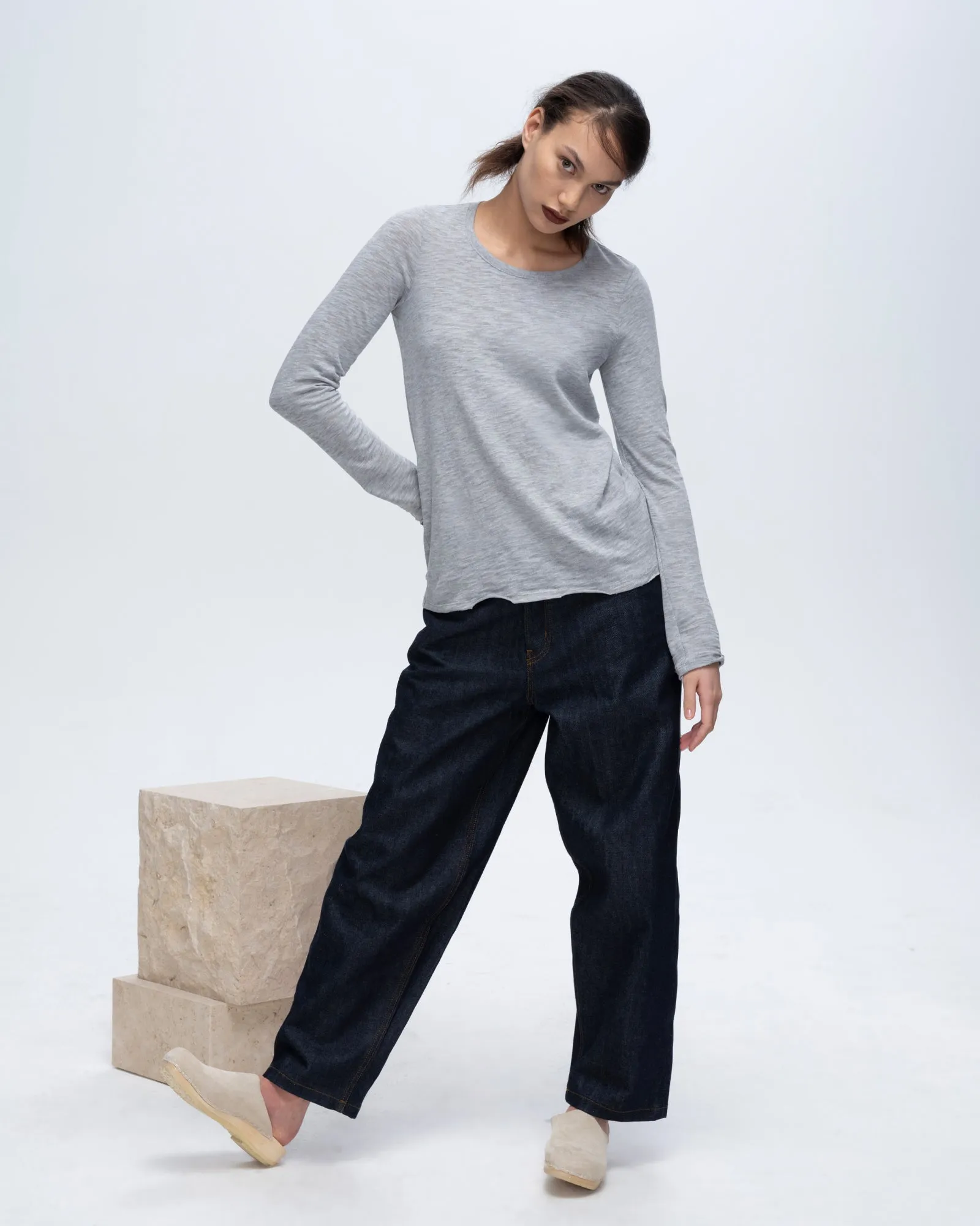 Slub Jersey Long Sleeve Destroyed Wash Tee - Heather Grey instant look