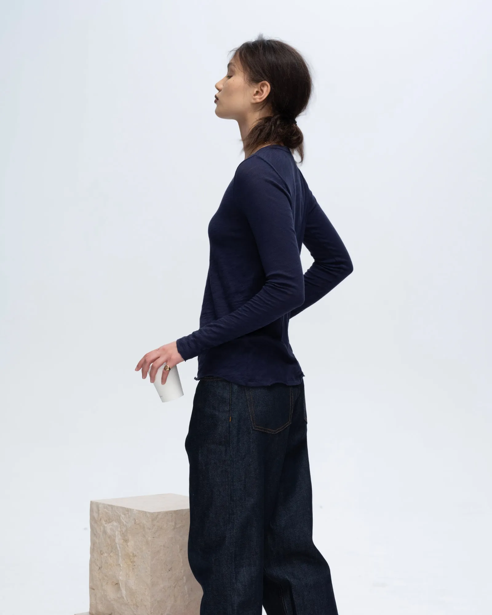 Slub Jersey Long Sleeve Destroyed Wash Tee - Midnight active vibe