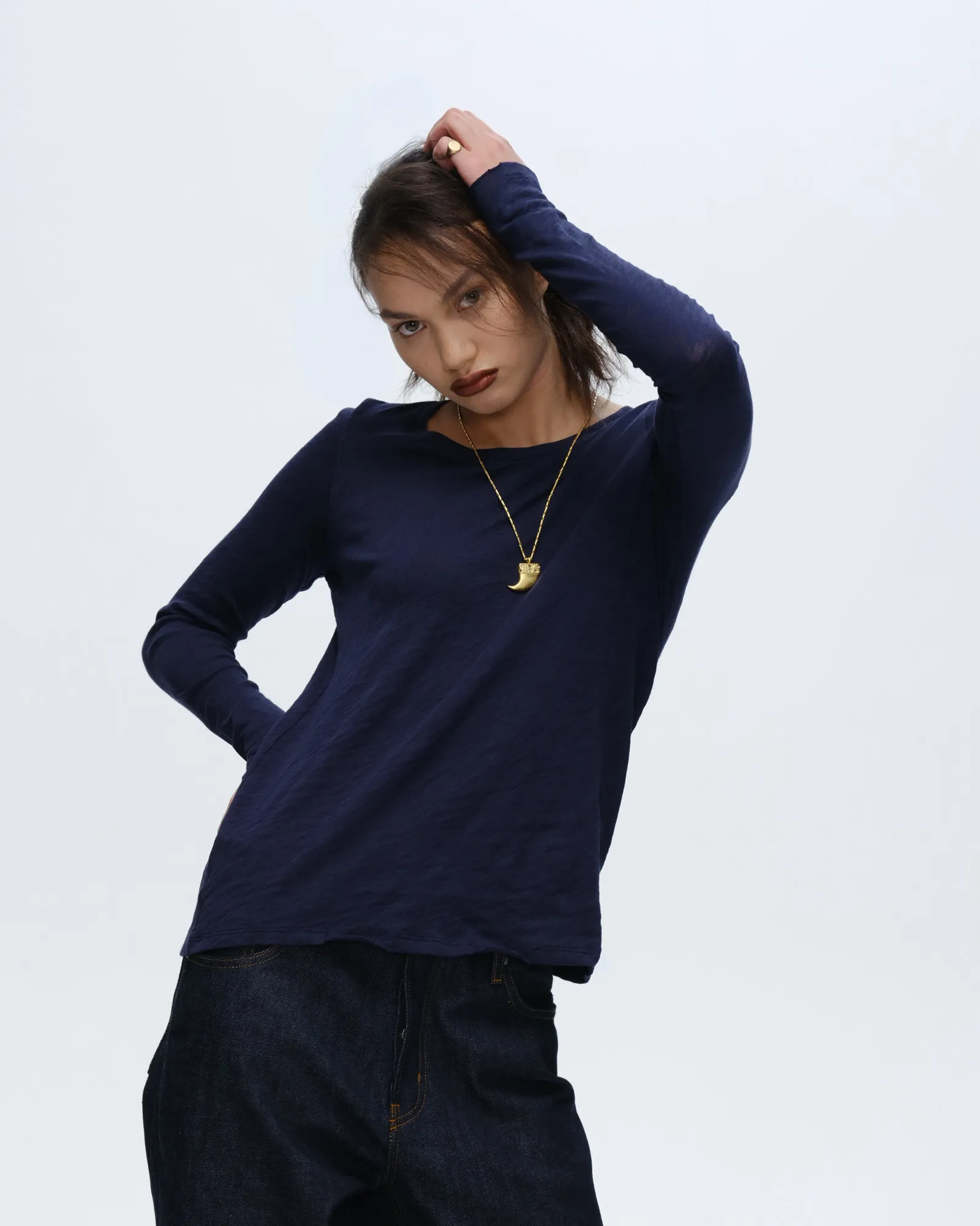 Slub Jersey Long Sleeve Destroyed Wash Tee - Midnight city breeze