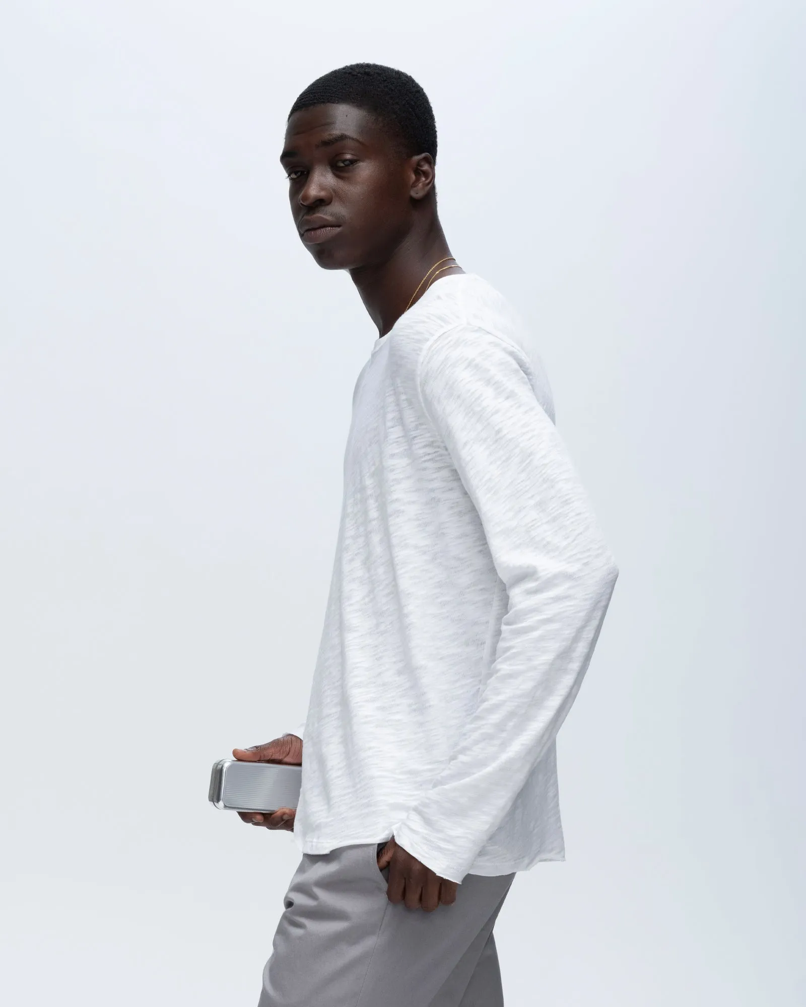 Slub Jersey Long Sleeve Destroyed Wash Tee - White cloud touch