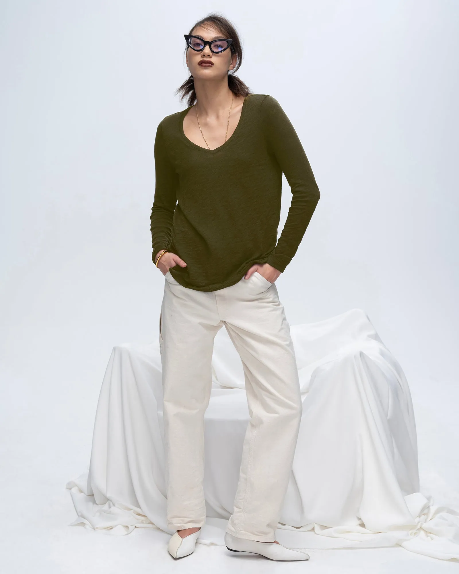 Slub Jersey Long Sleeve V-Neck Tee - Army urban breeze