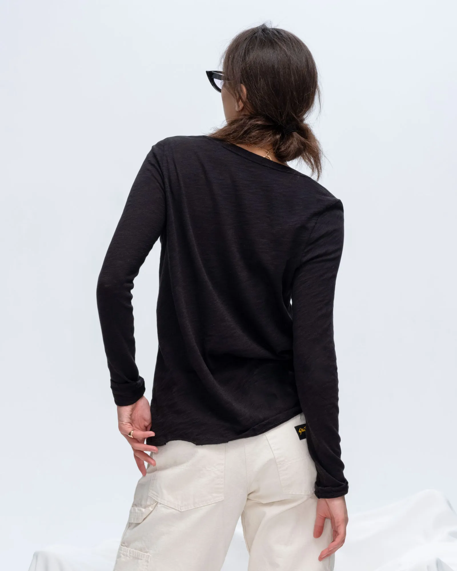 Slub Jersey Long Sleeve V-Neck Tee - Black style shift