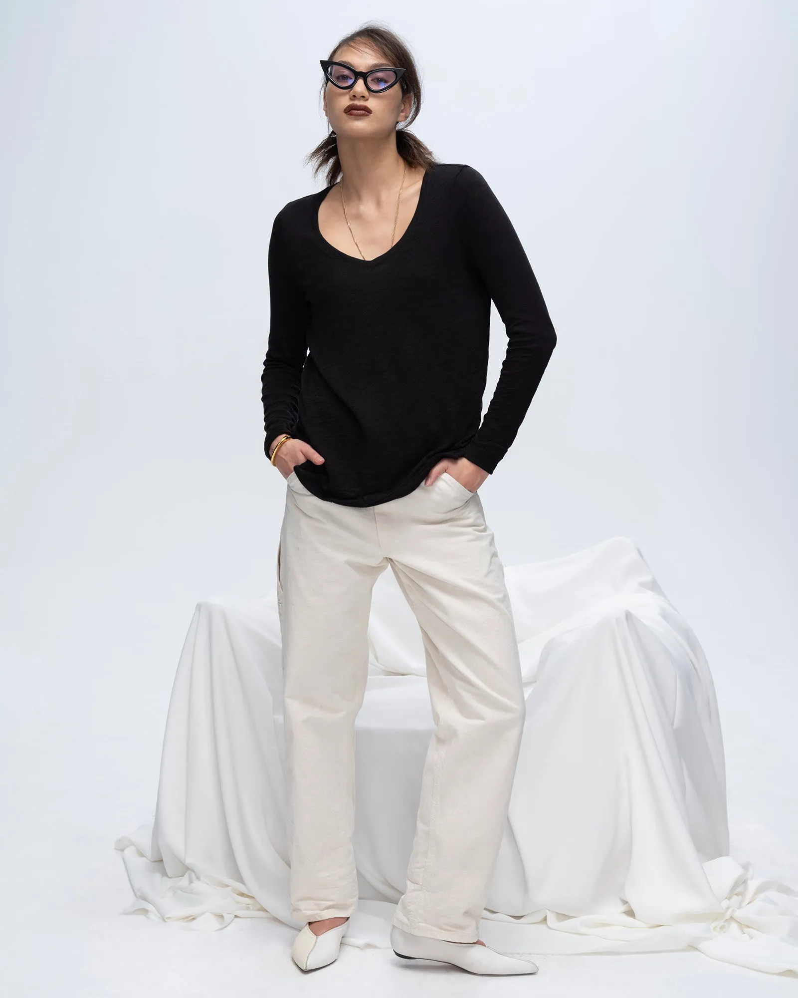 Slub Jersey Long Sleeve V-Neck Tee - Black everyday basic