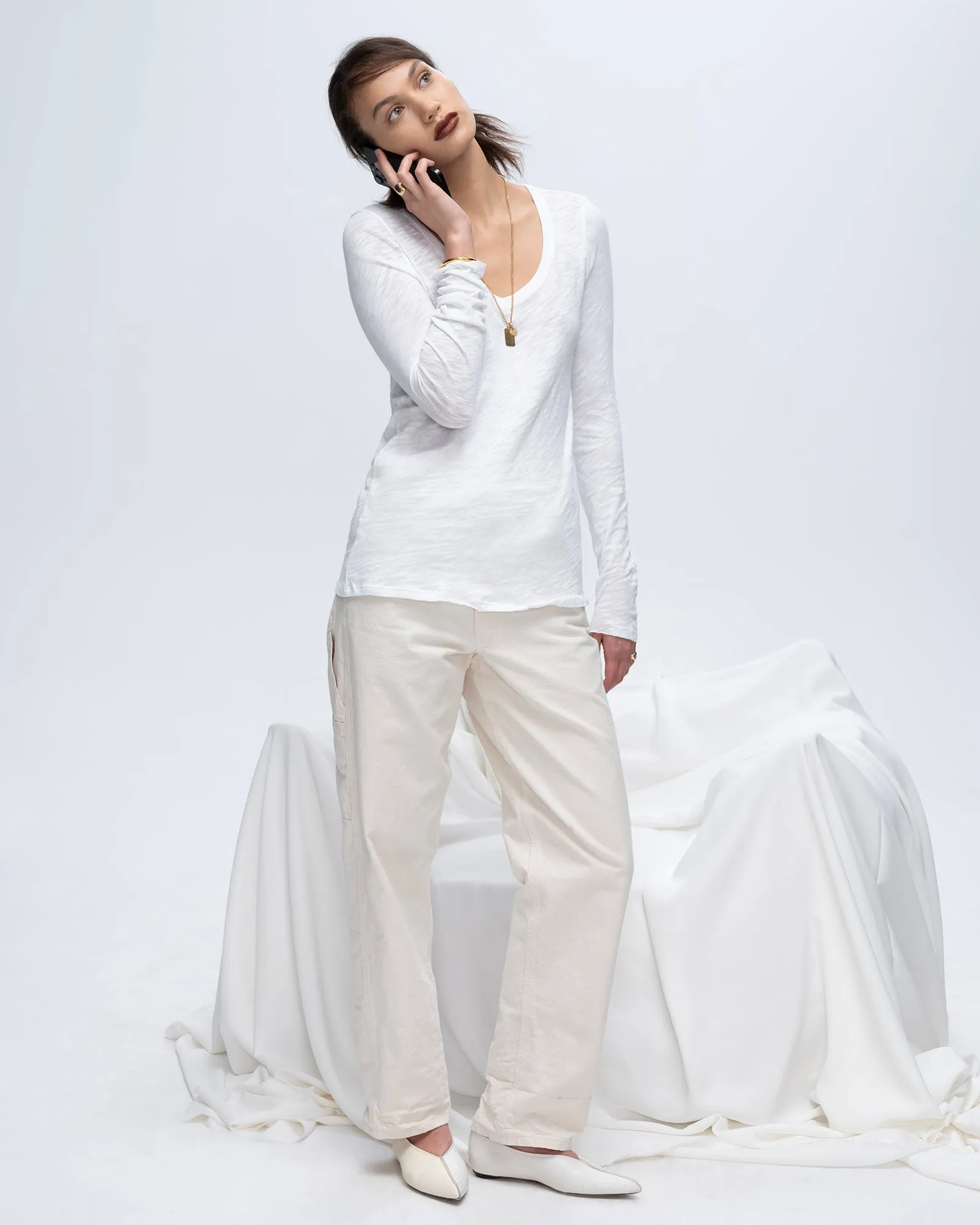 Slub Jersey Long Sleeve V-Neck Tee - White local style