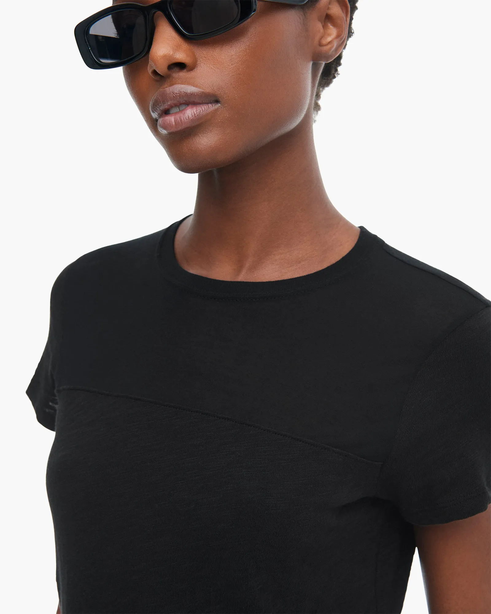 Slub Jersey Mixed Media Schoolboy Crew Neck Tee - Black good fit