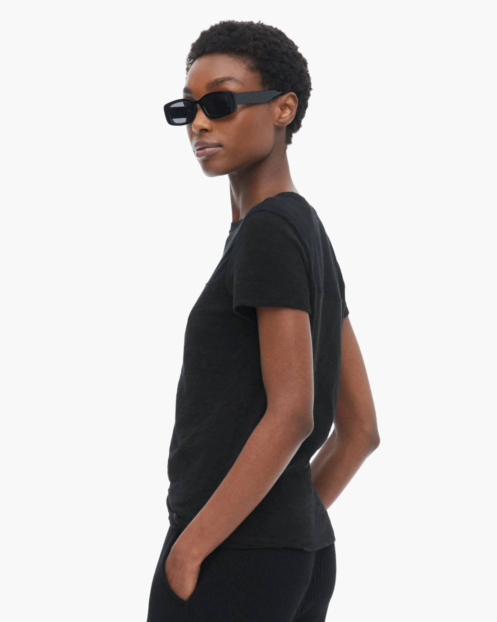 Slub Jersey Mixed Media Schoolboy Crew Neck Tee - Black sporty edge
