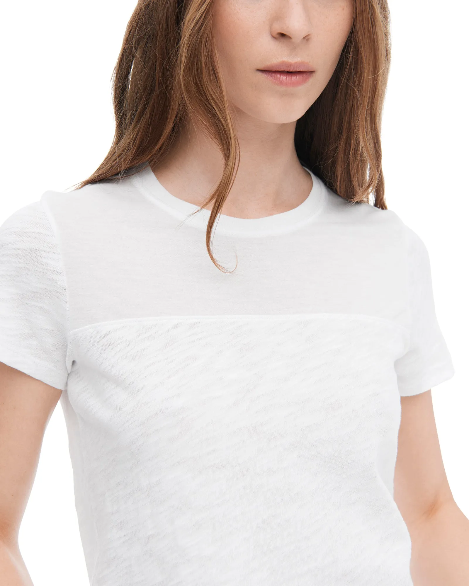 Slub Jersey Mixed Media Schoolboy Crew Neck Tee - White smooth stretch