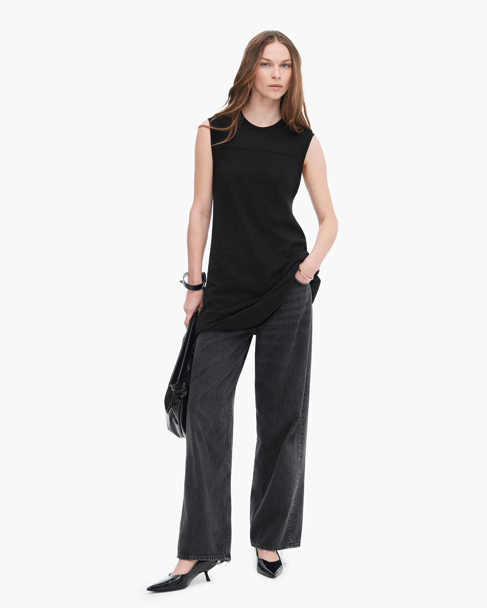 Slub Jersey Mixed Media Sleeveless Dress - Black sweet vibe