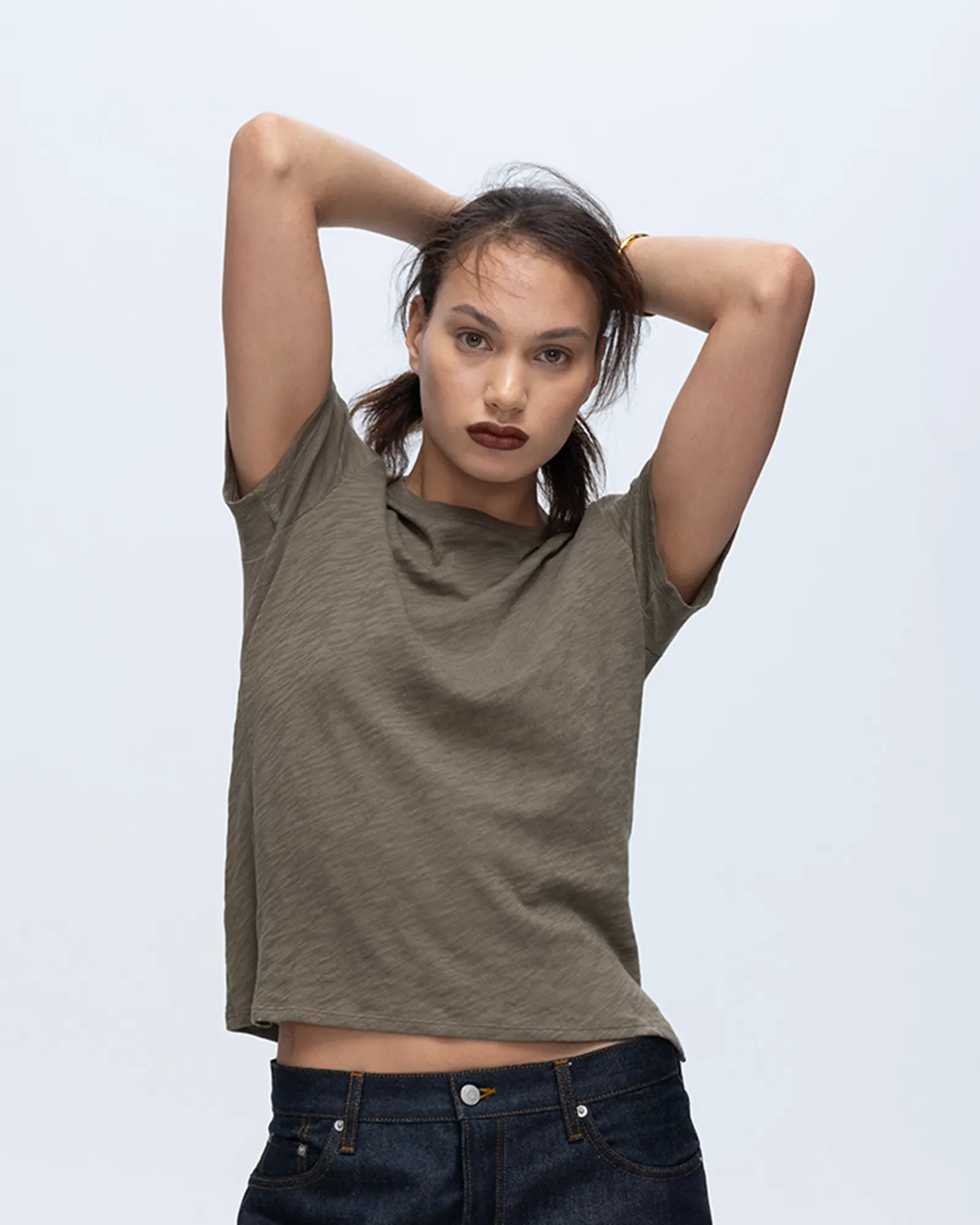 Slub Jersey Schoolboy Crew Neck Tee - Army feel free