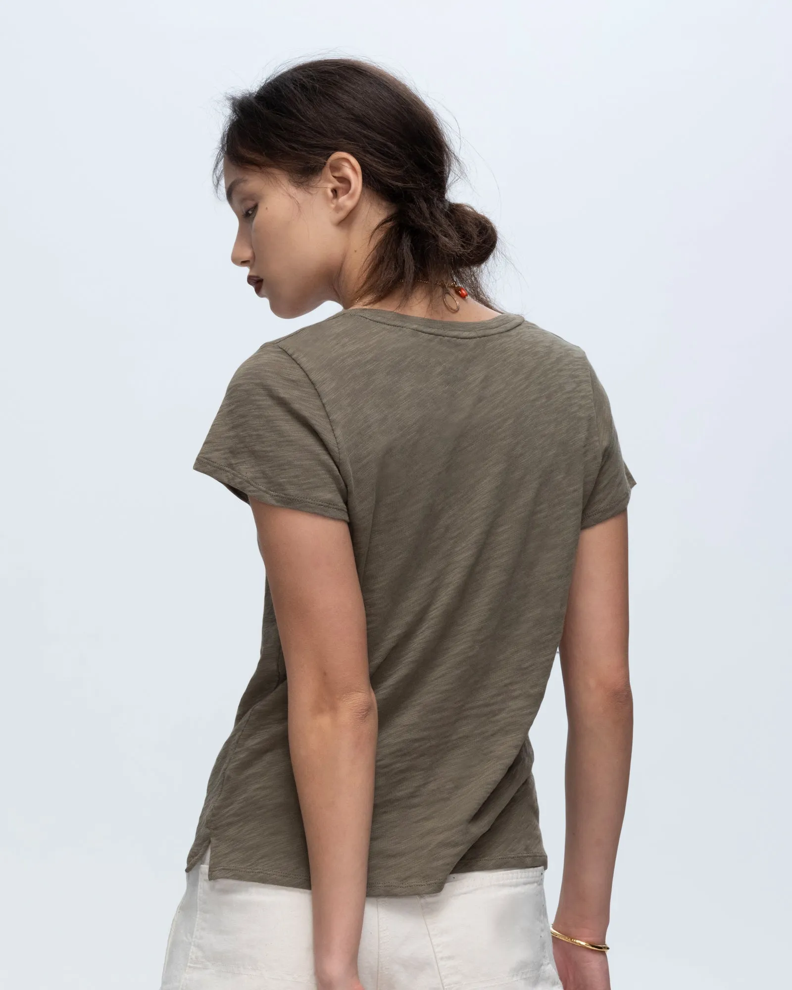 Slub Jersey Schoolboy V-Neck Tee - Army fitted form