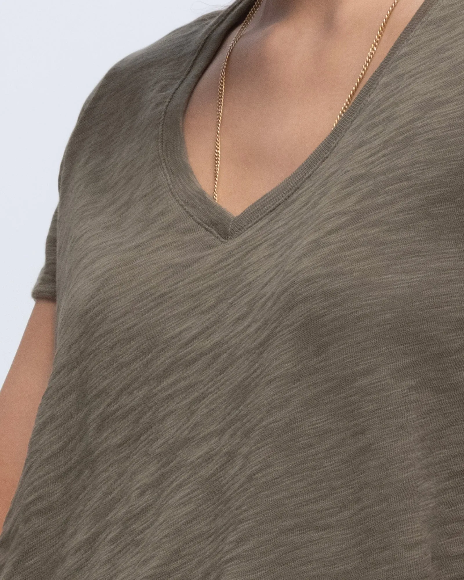 Slub Jersey Schoolboy V-Neck Tee - Army soft stretch