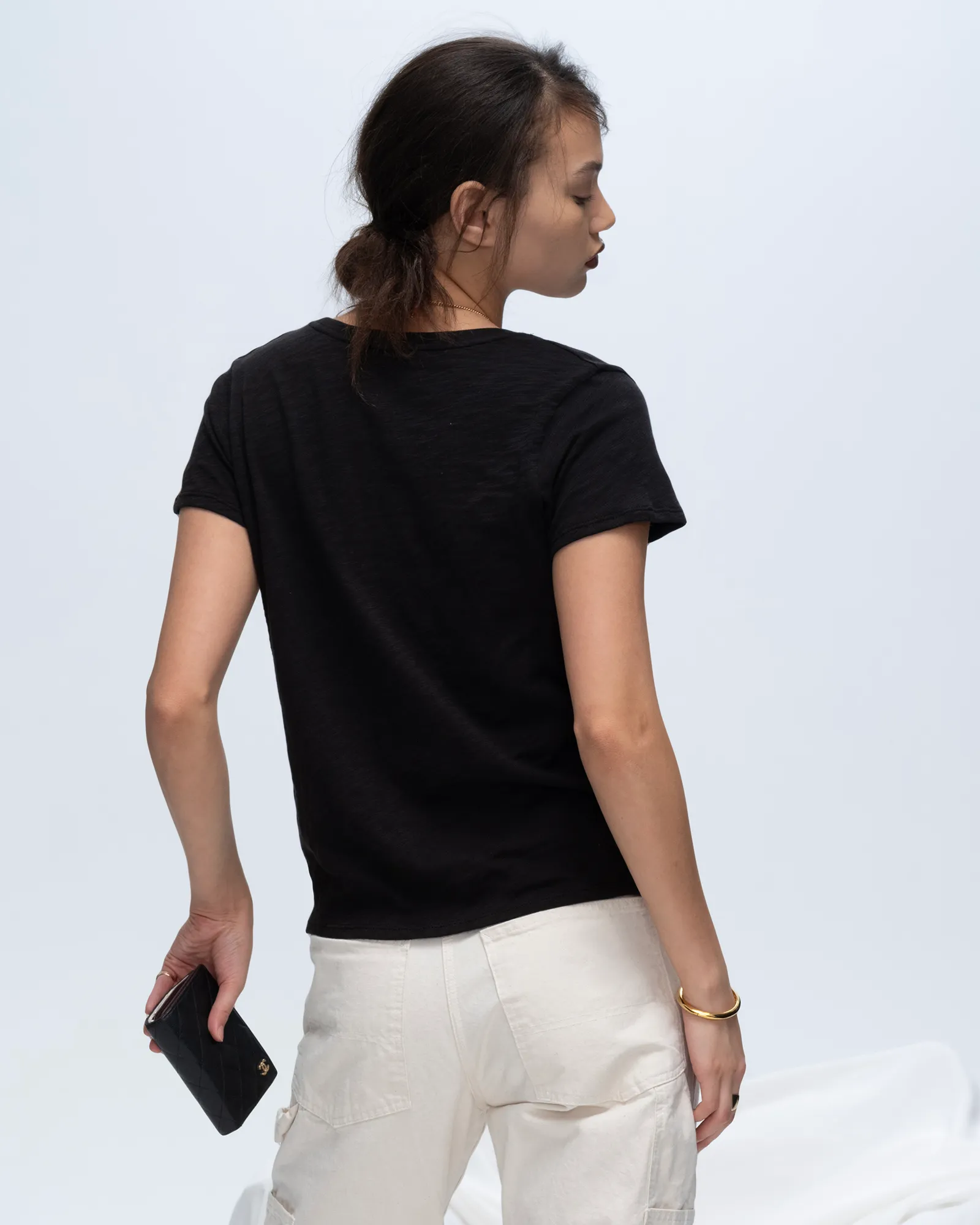 Slub Jersey Schoolboy V-Neck Tee - Black street gear