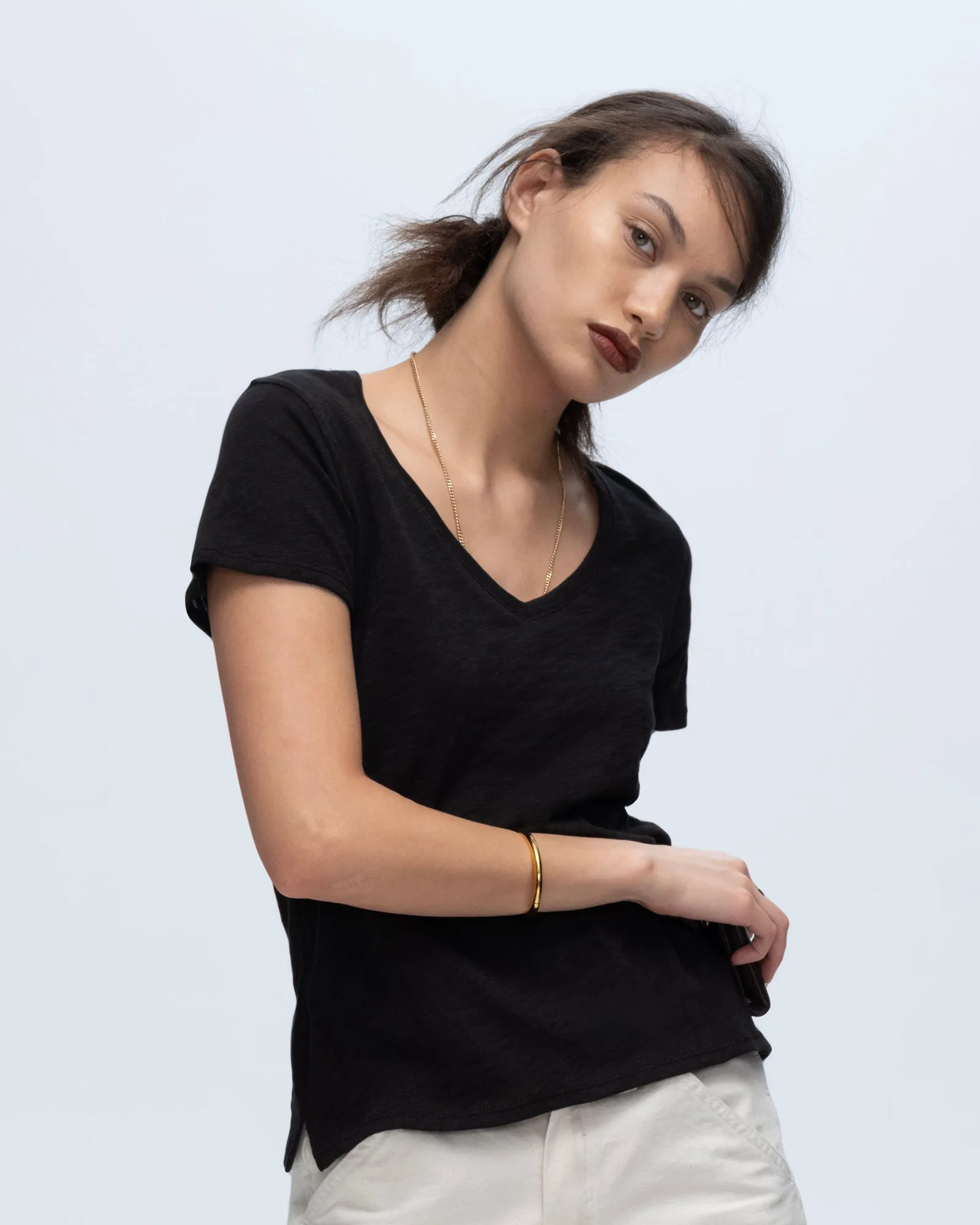 Slub Jersey Schoolboy V-Neck Tee - Black bold pick