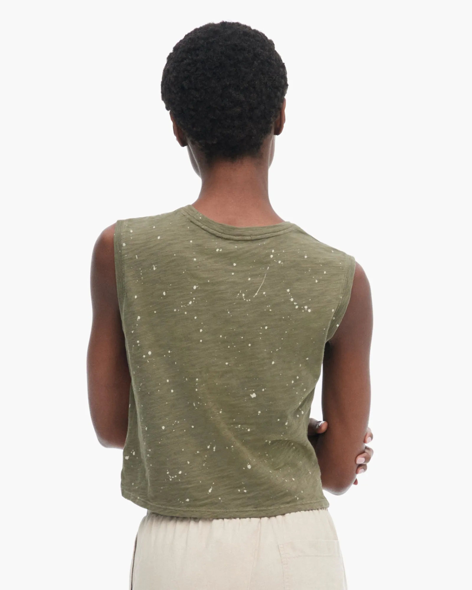 Slub Jersey Splatter Paint Cropped Sleeveless Schoolboy - Army-Faded Dune comfort breeze