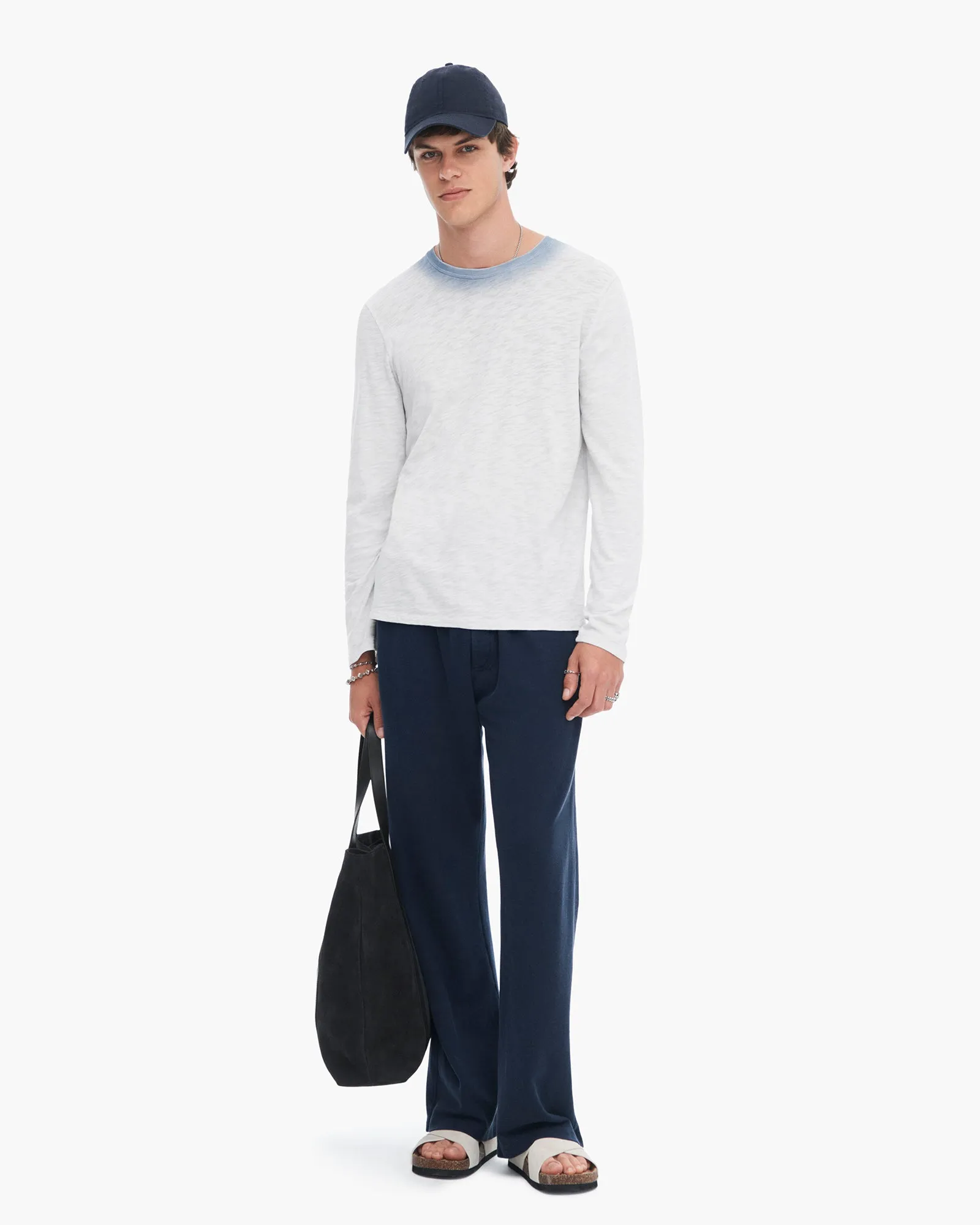 Spray Treatment Slub Jersey Destroyed Long Sleeve Crew Neck Tee - Silver-Wash Navy warm day
