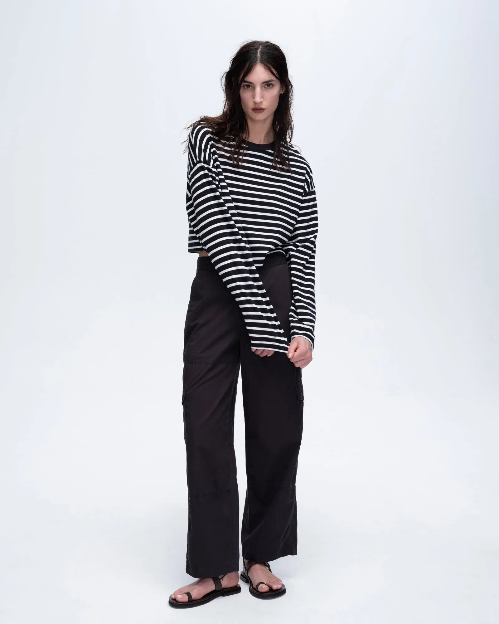 Stripe Classic Jersey Long Sleeve Crew Neck Boxy Tee - Black-White smooth feel