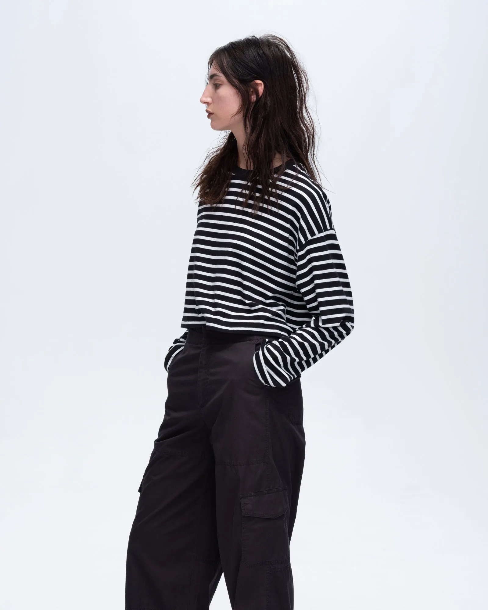 Stripe Classic Jersey Long Sleeve Crew Neck Boxy Tee - Black-White creative cut