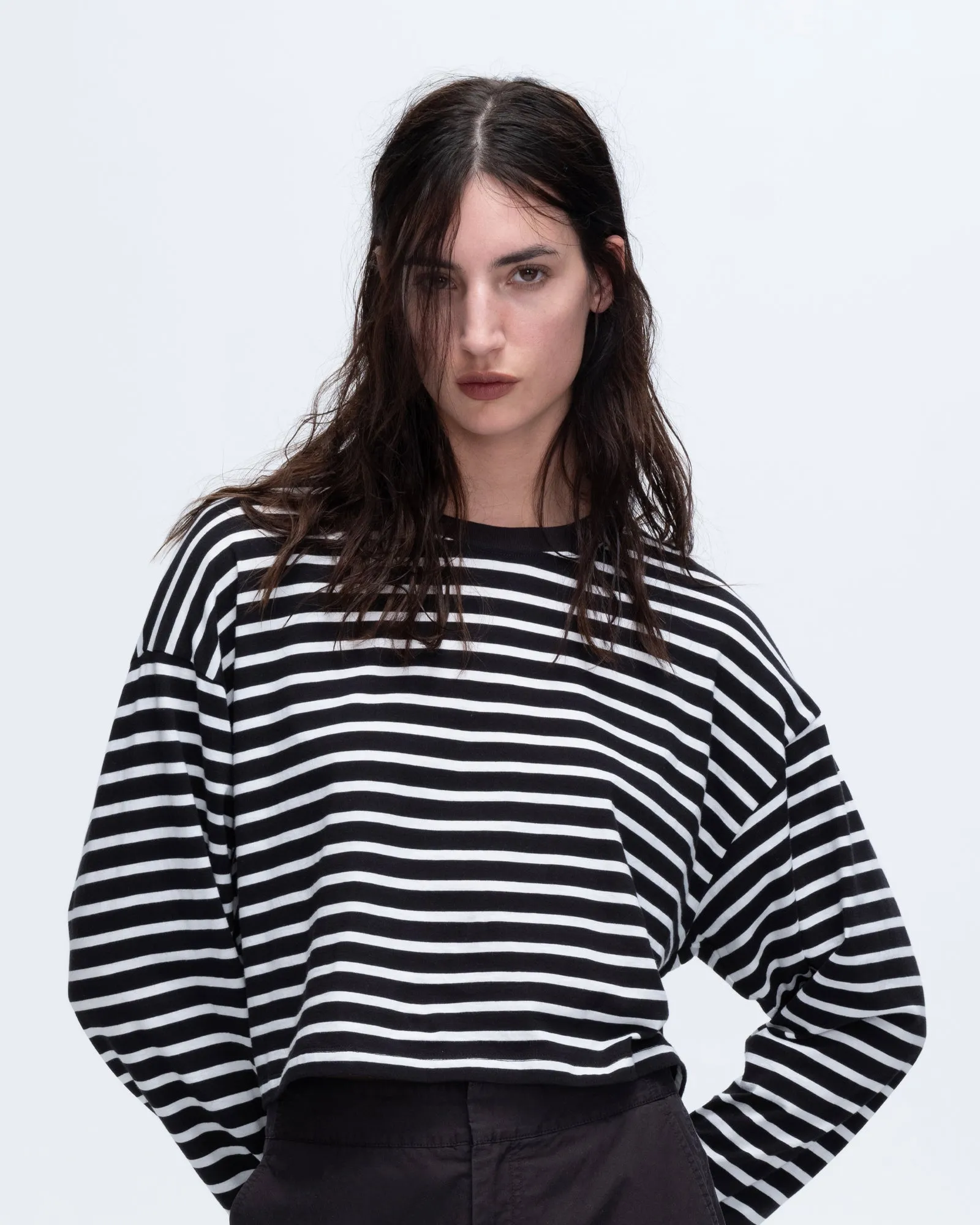 Stripe Classic Jersey Long Sleeve Crew Neck Boxy Tee - Black-White comfort first
