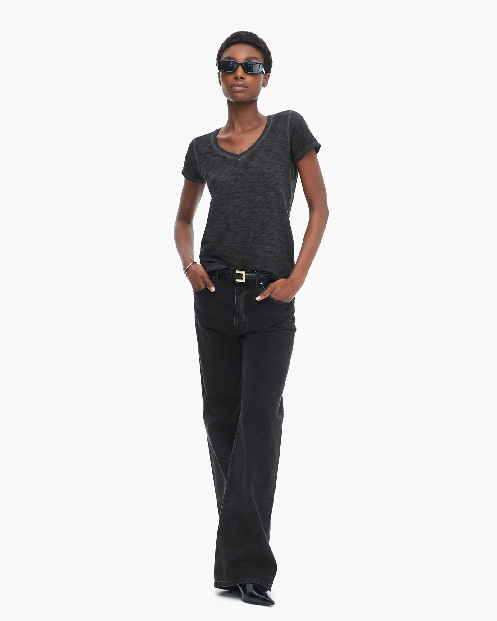 Sublime Wash Slub Jersey Schoolboy V-Neck Tee - Black graphic trend