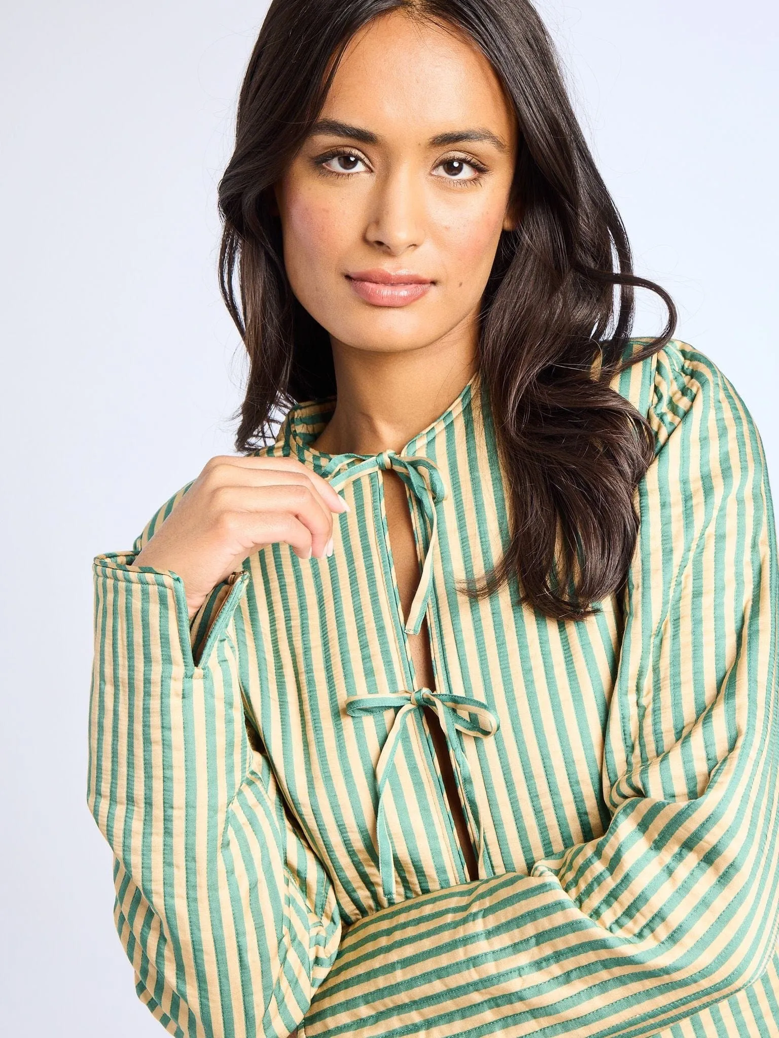 Sylvie Jacket in Almond & Green Stripe comfort mode