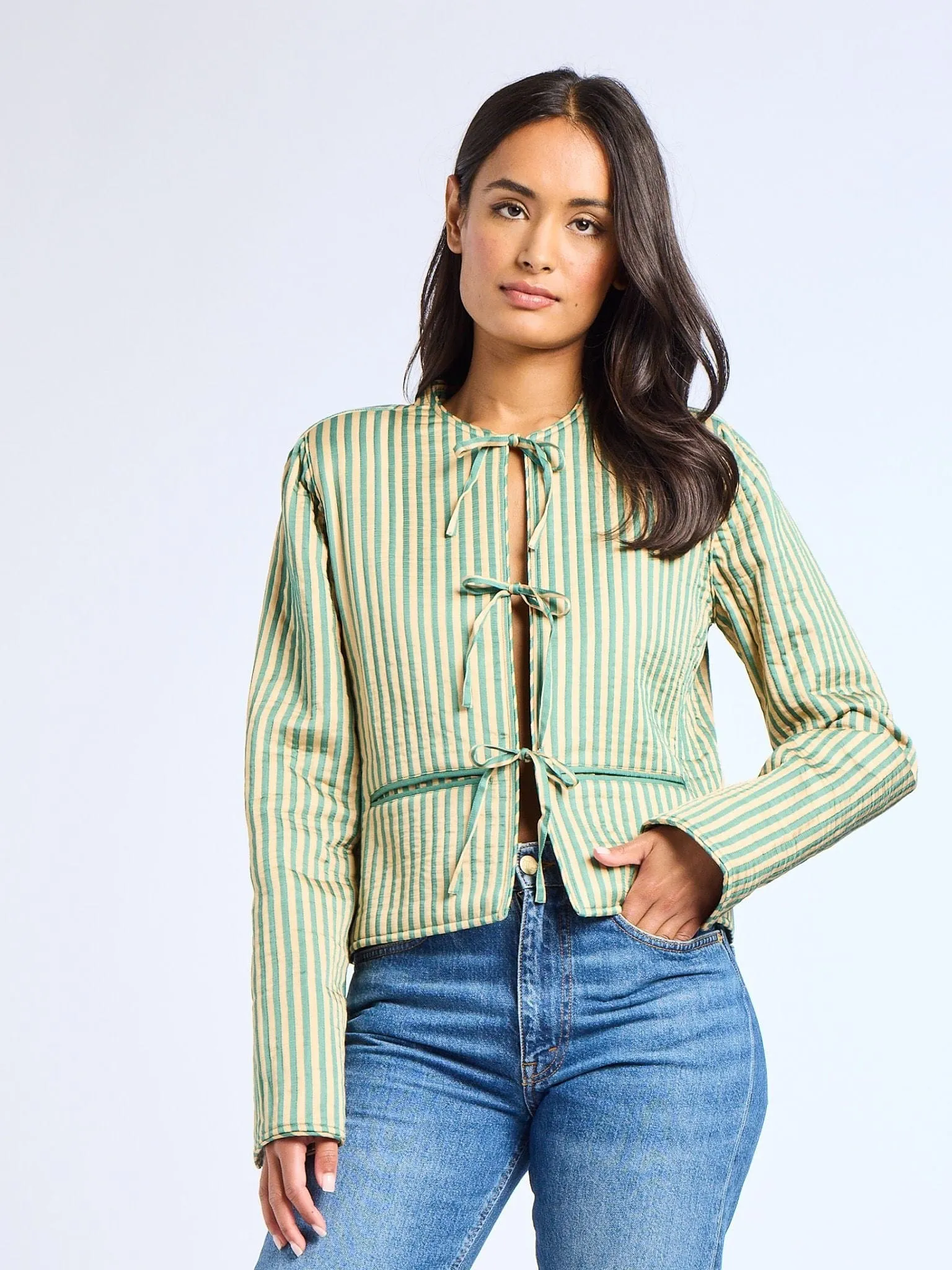 Sylvie Jacket in Almond & Green Stripe tide tone