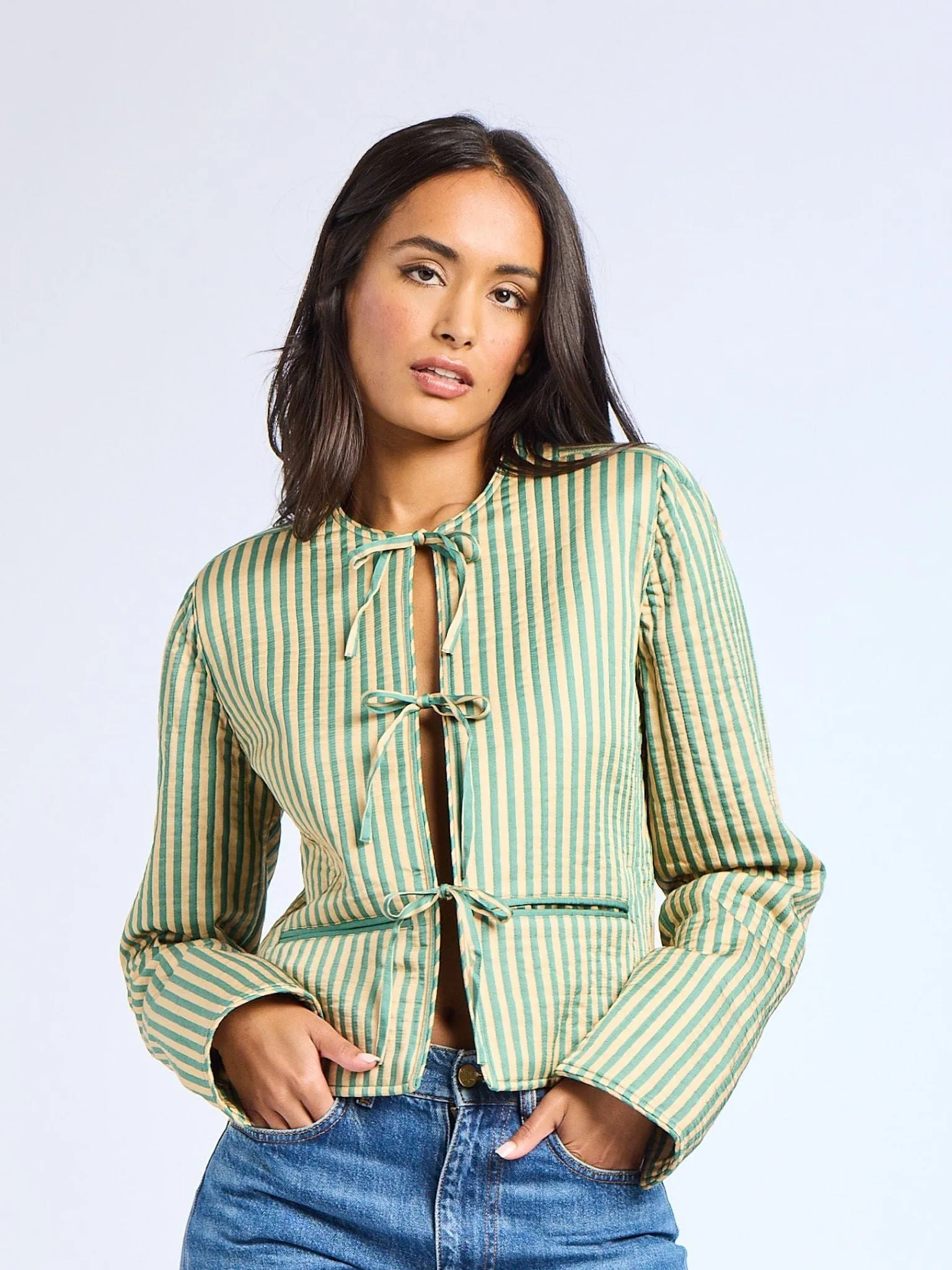 Sylvie Jacket in Almond & Green Stripe wind shield